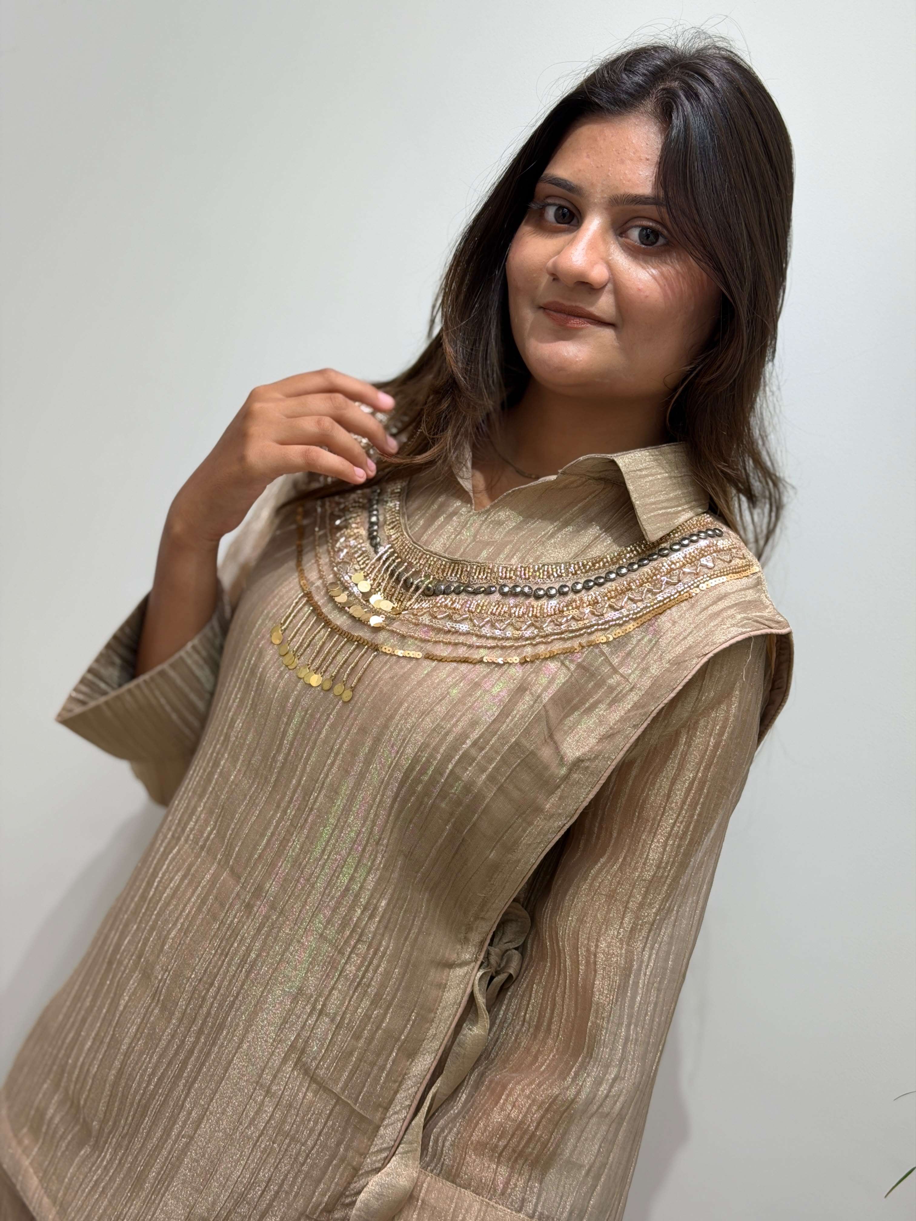 BE 485 SILK DESIGNER SHIRT PANT WITH  HAND EMBROIDERED SHRUG