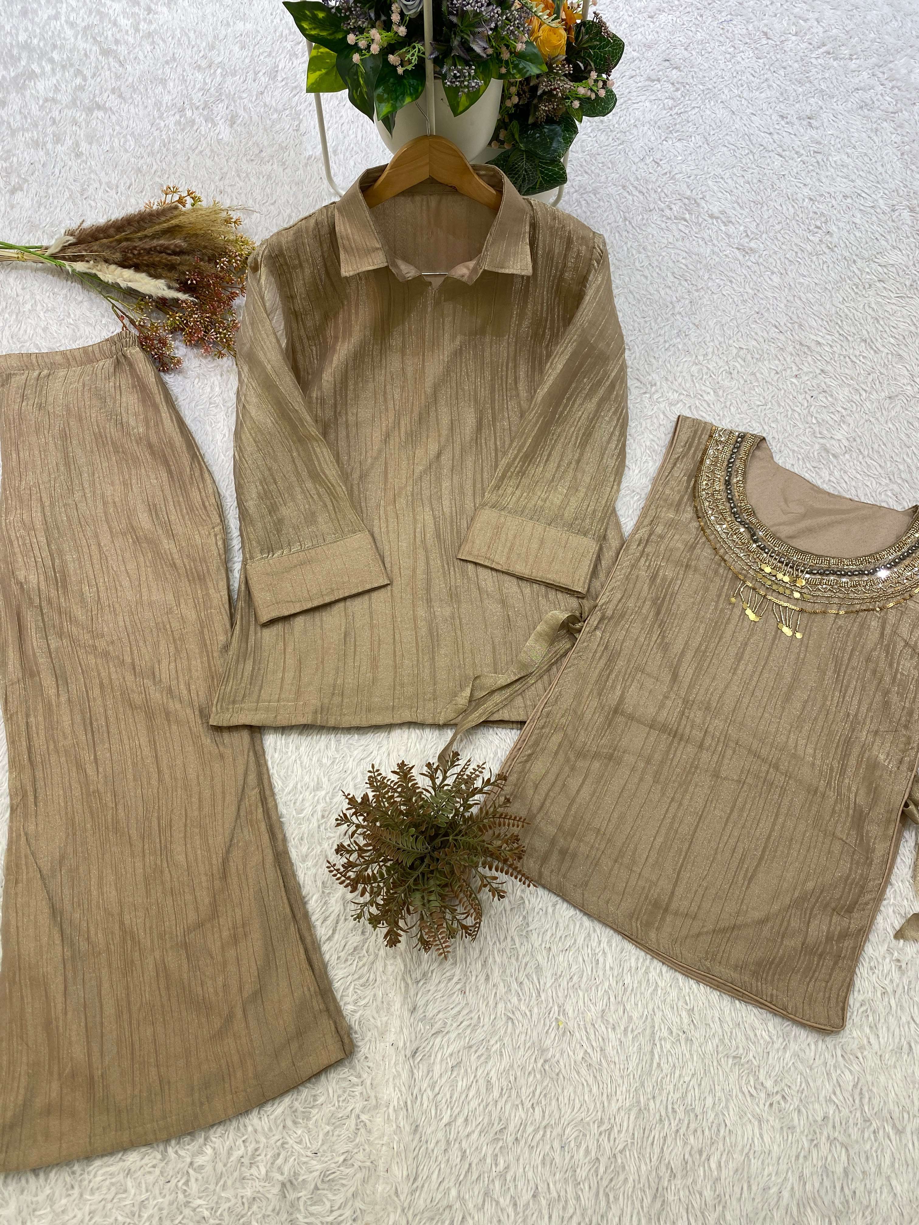 BE 485 SILK DESIGNER SHIRT PANT WITH  HAND EMBROIDERED SHRUG