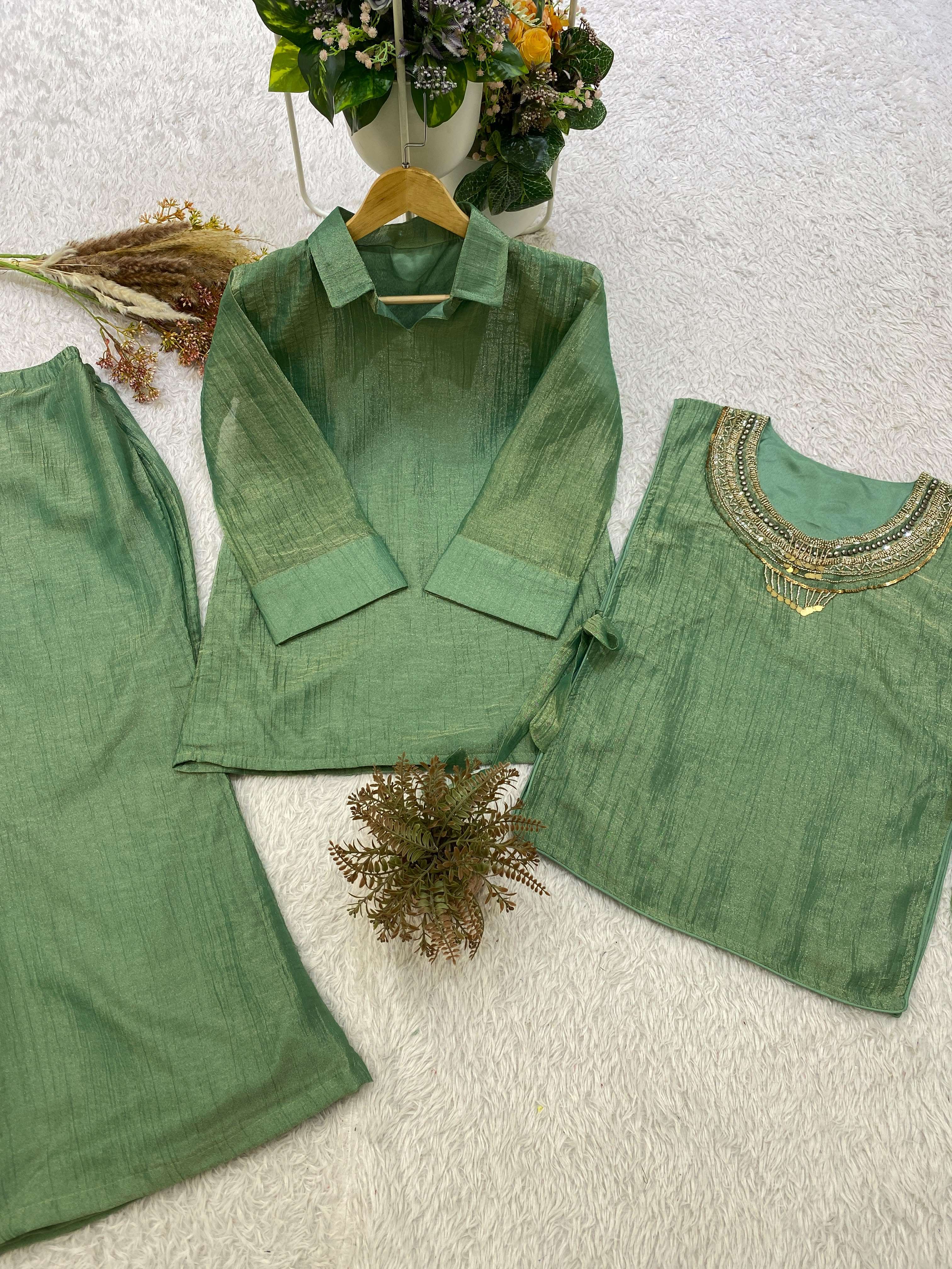 BE 485 SILK DESIGNER SHIRT PANT WITH  HAND EMBROIDERED SHRUG