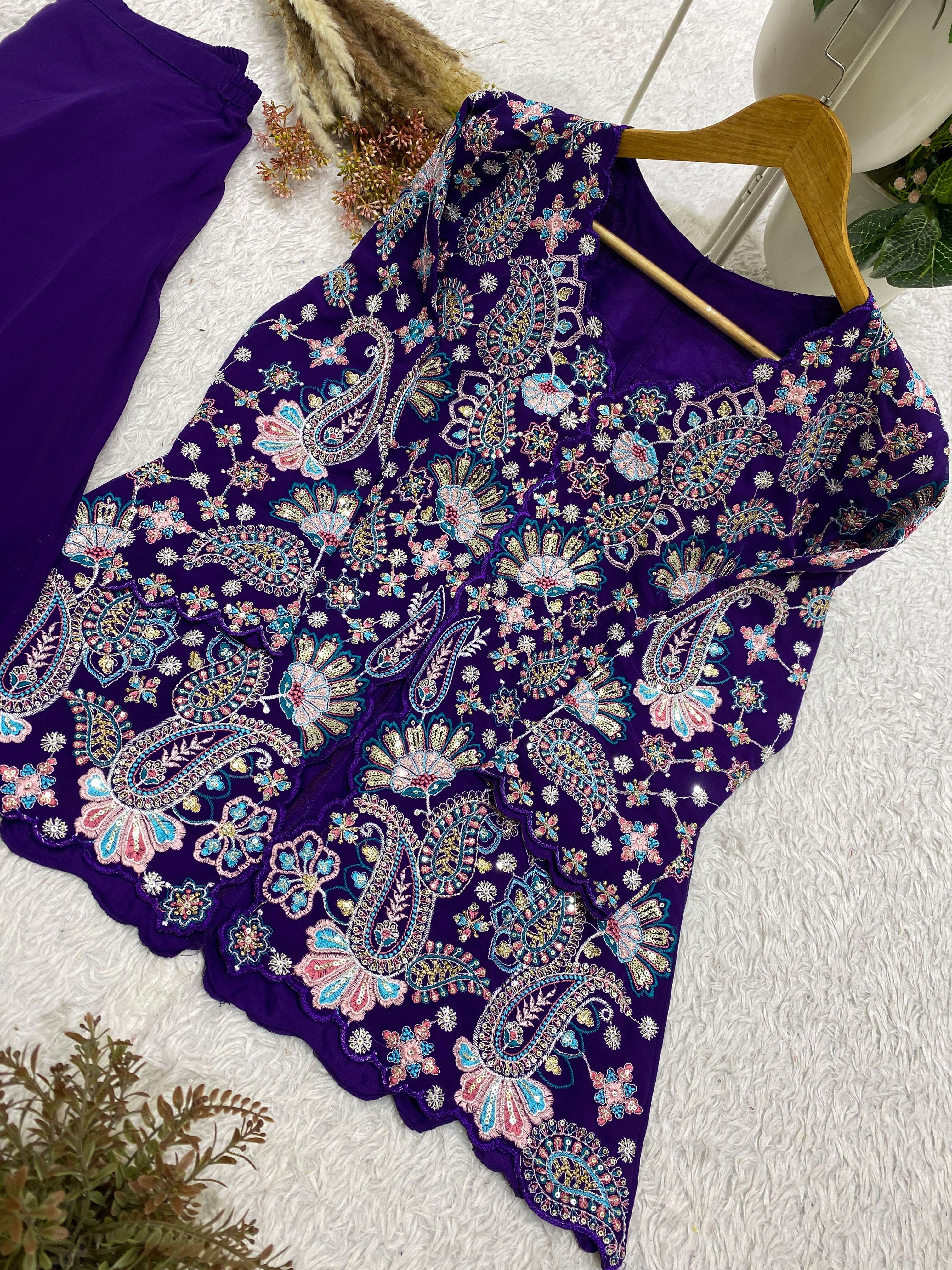 BE 487 GEORGETTE SEQUENCE EMBROIDERY DESIGNER WORK FESTIVE WEAR TOP AND PLAZZO COLLECTIONS 