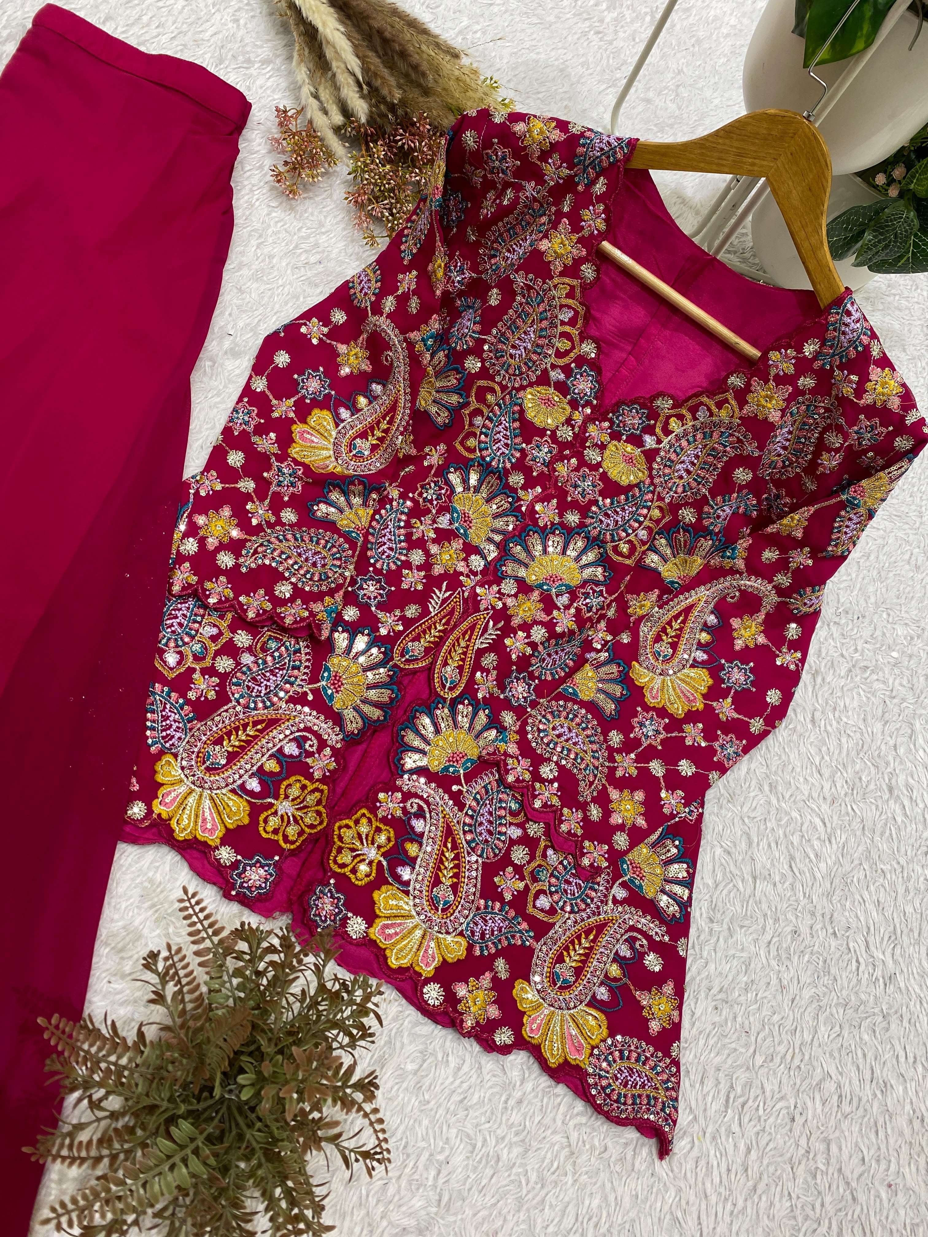 BE 487 GEORGETTE SEQUENCE EMBROIDERY DESIGNER WORK FESTIVE WEAR TOP AND PLAZZO COLLECTIONS 