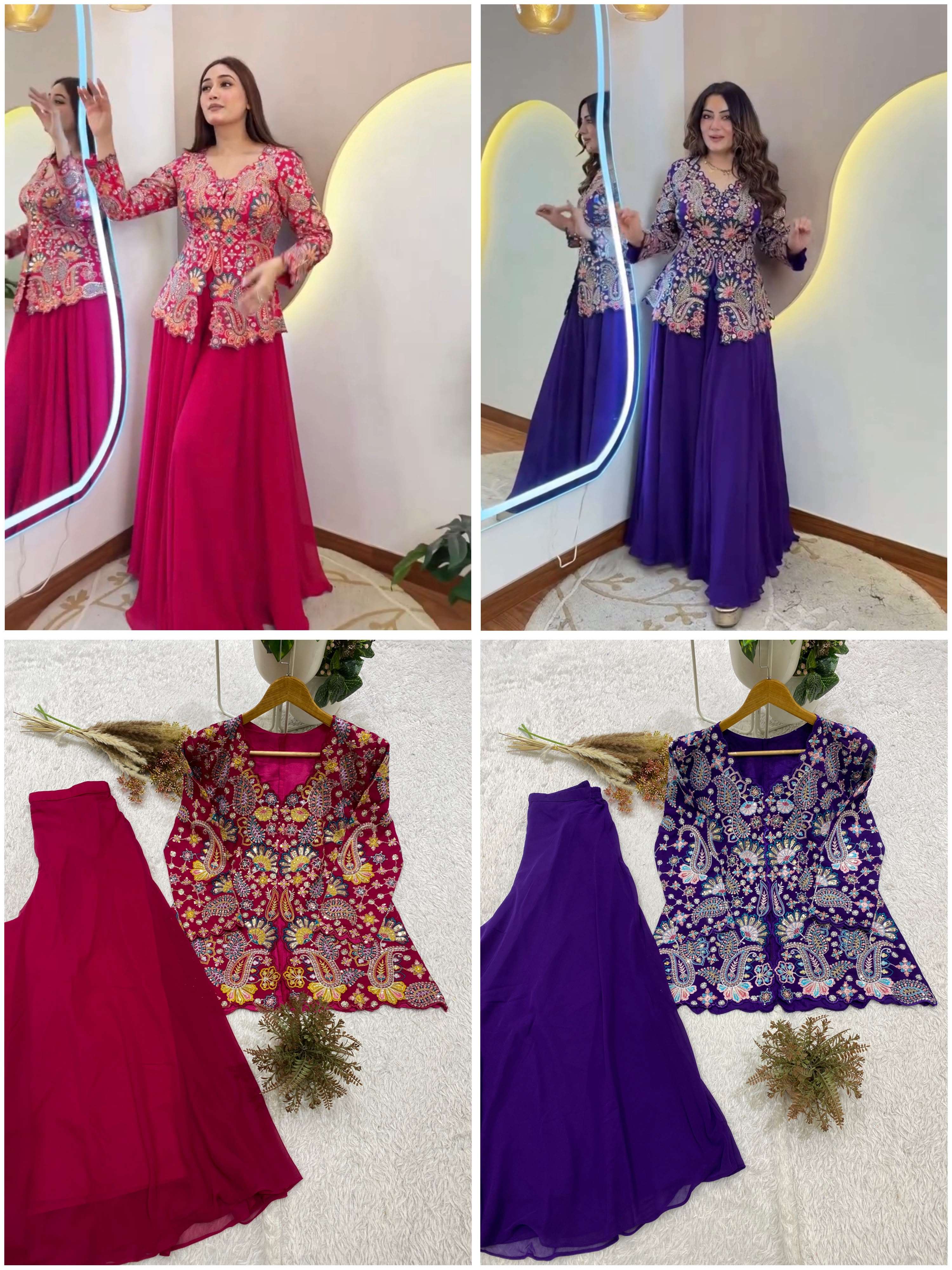 BE 487 GEORGETTE SEQUENCE EMBROIDERY DESIGNER WORK FESTIVE WEAR TOP AND PLAZZO COLLECTIONS 