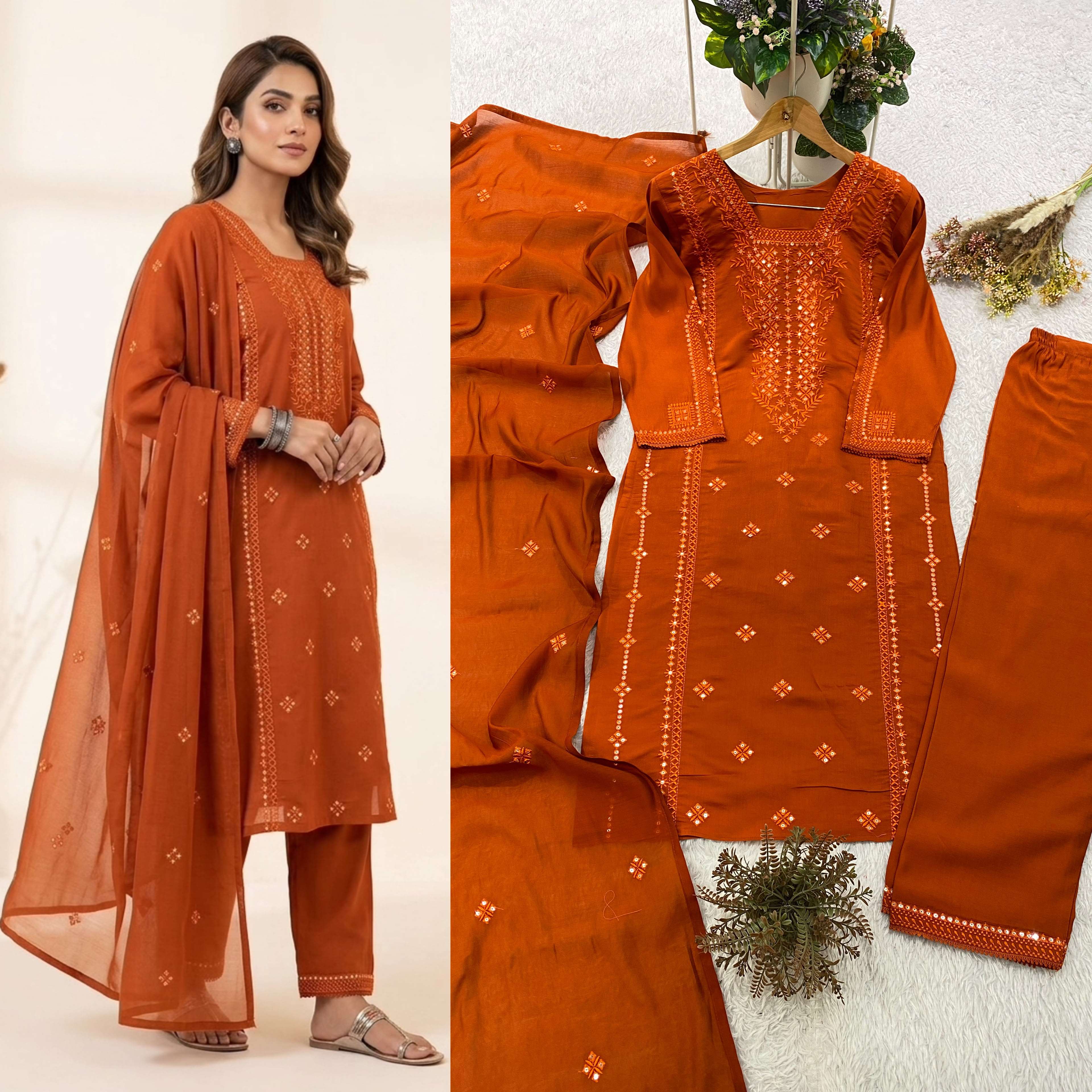 BE 488 SILK SEQUENCE EMBROIDERY DESIGNER WORK TOP PANT WITH DUPATTA ⁠SET