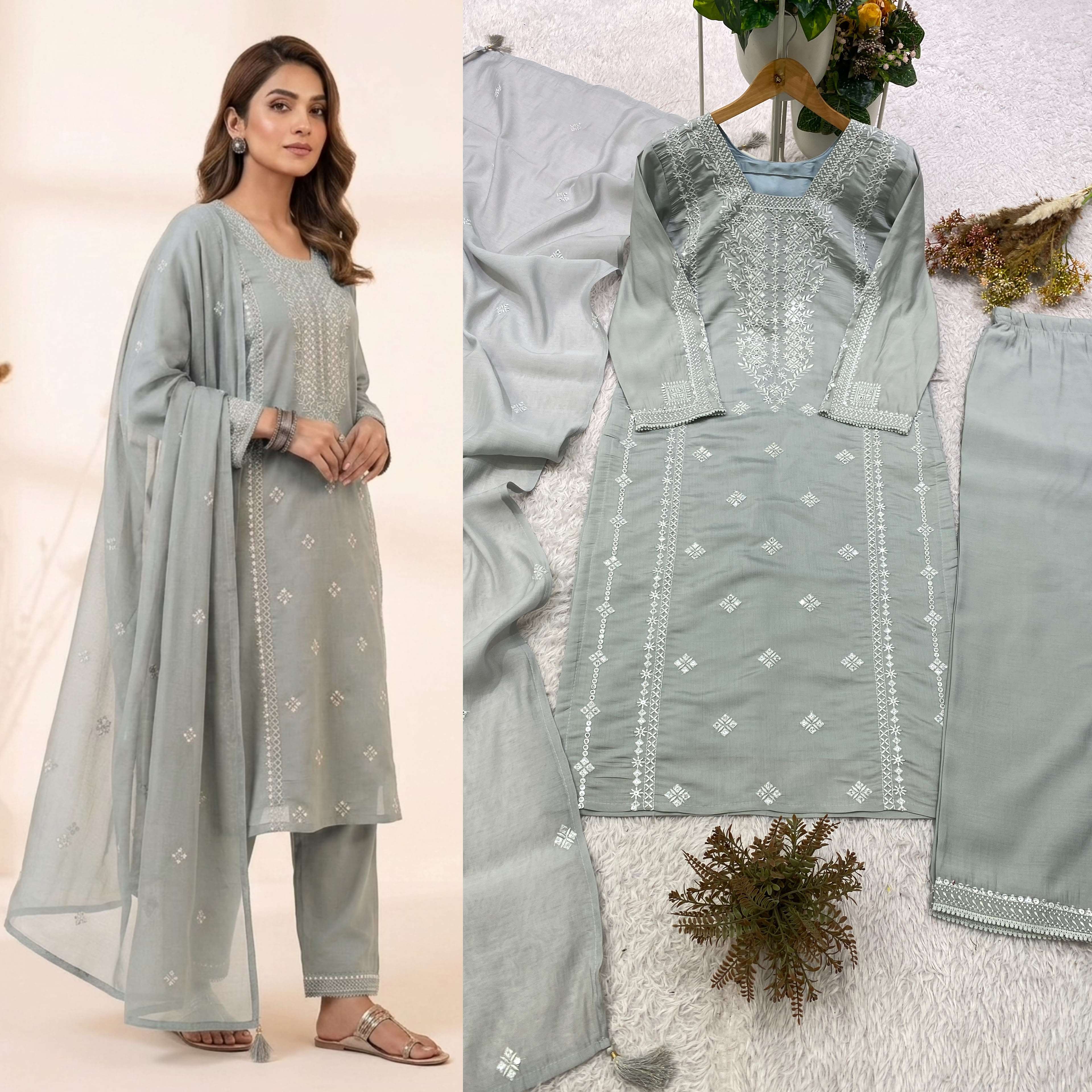 BE 488 SILK SEQUENCE EMBROIDERY DESIGNER WORK TOP PANT WITH DUPATTA ⁠SET