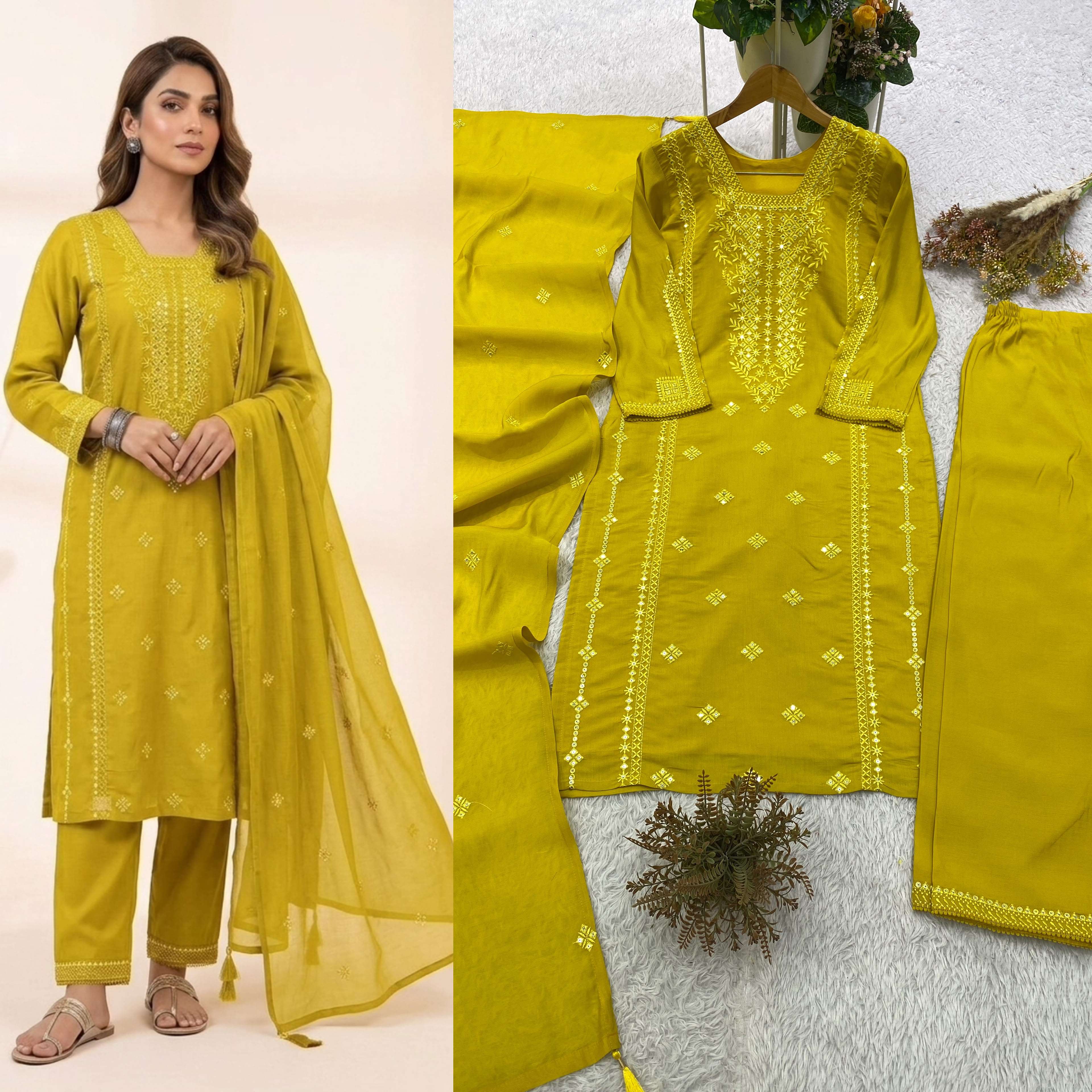 BE 488 SILK SEQUENCE EMBROIDERY DESIGNER WORK TOP PANT WITH DUPATTA ⁠SET