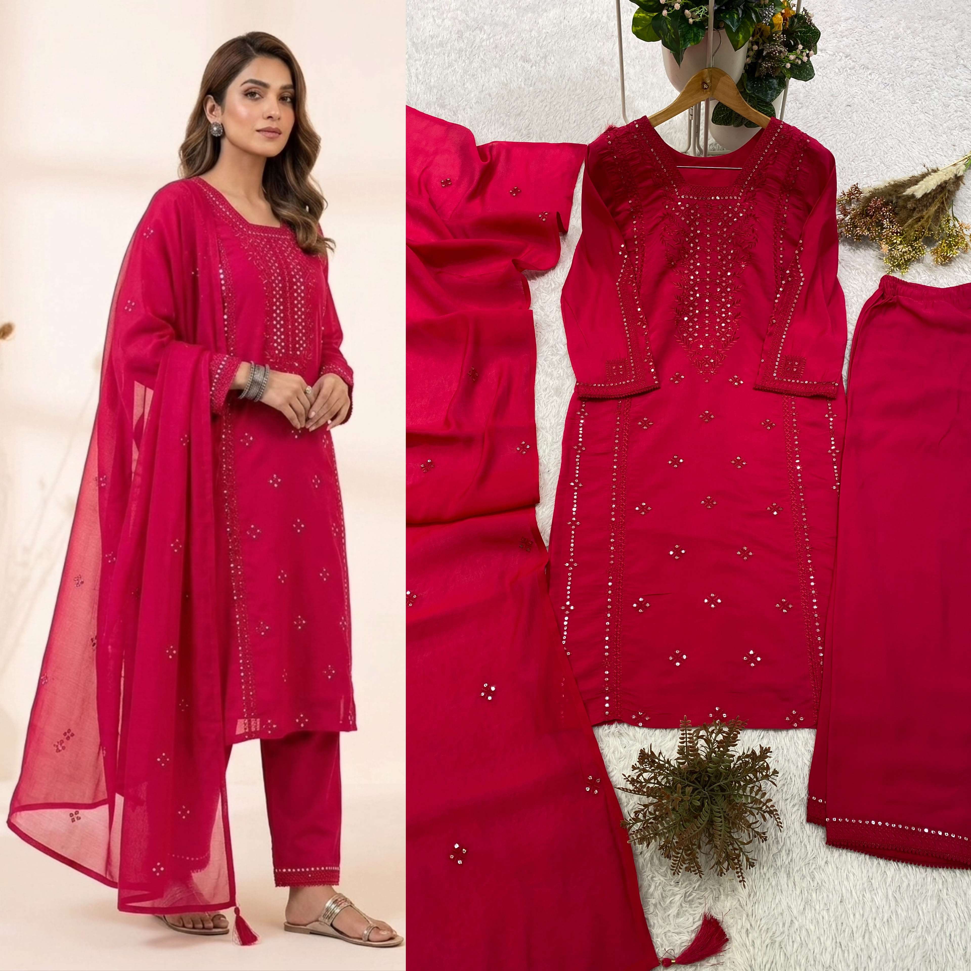 BE 488 SILK SEQUENCE EMBROIDERY DESIGNER WORK TOP PANT WITH DUPATTA ⁠SET
