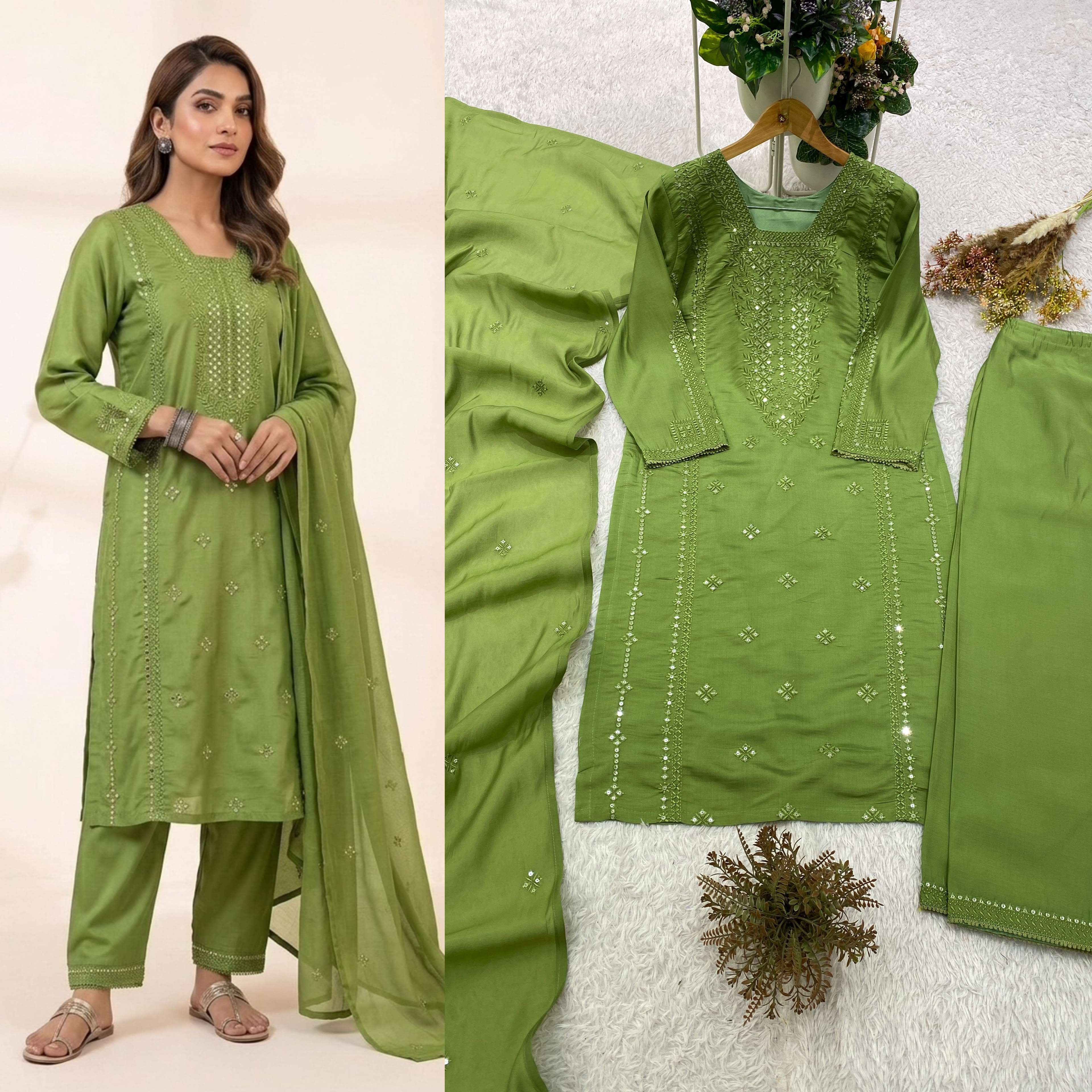 BE 488 SILK SEQUENCE EMBROIDERY DESIGNER WORK TOP PANT WITH DUPATTA ⁠SET