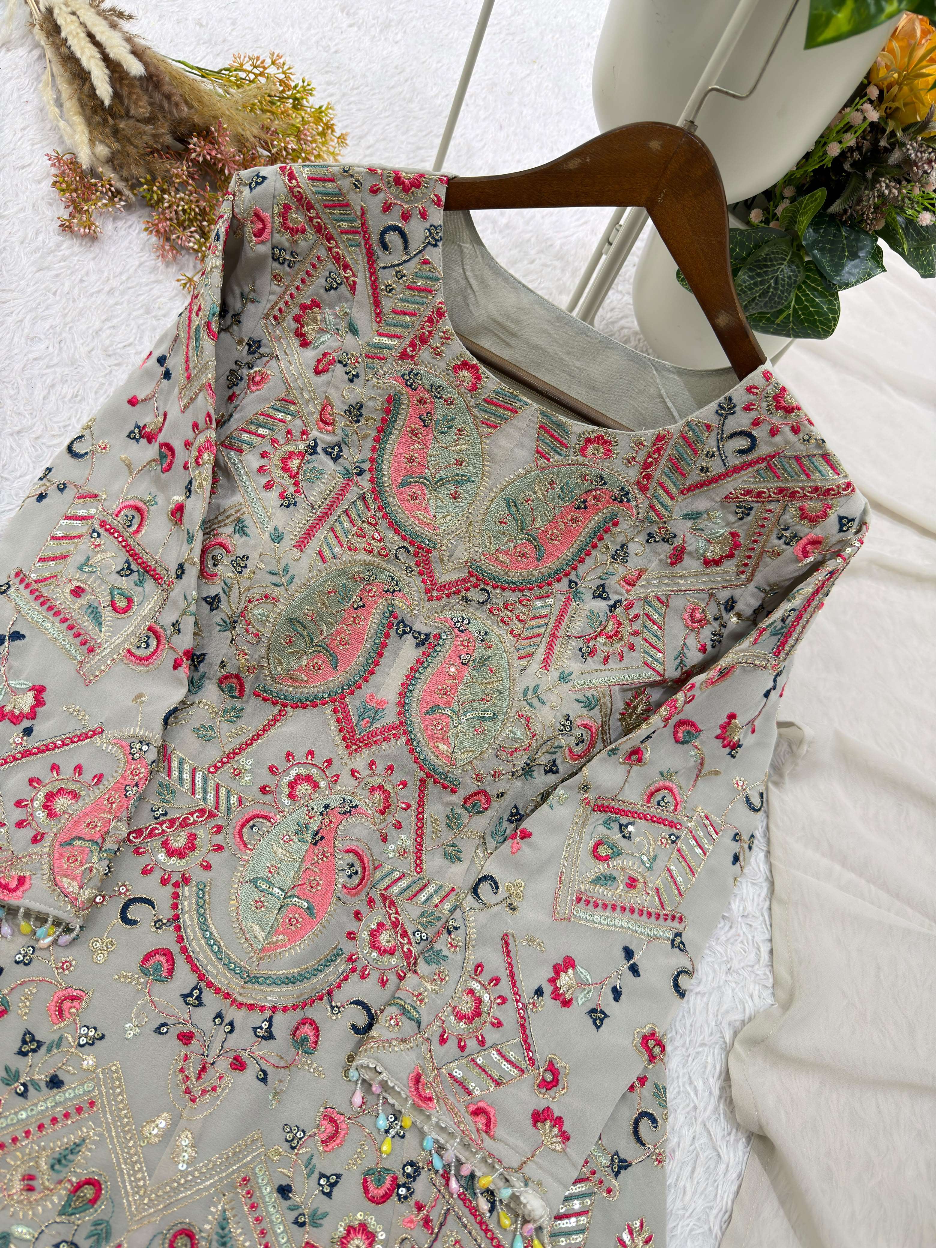 BE 489 GEORGETTE HEAVY SEQUENCE EMBROIDERY TOP AND PLAZZO WITH DUPATTA SET