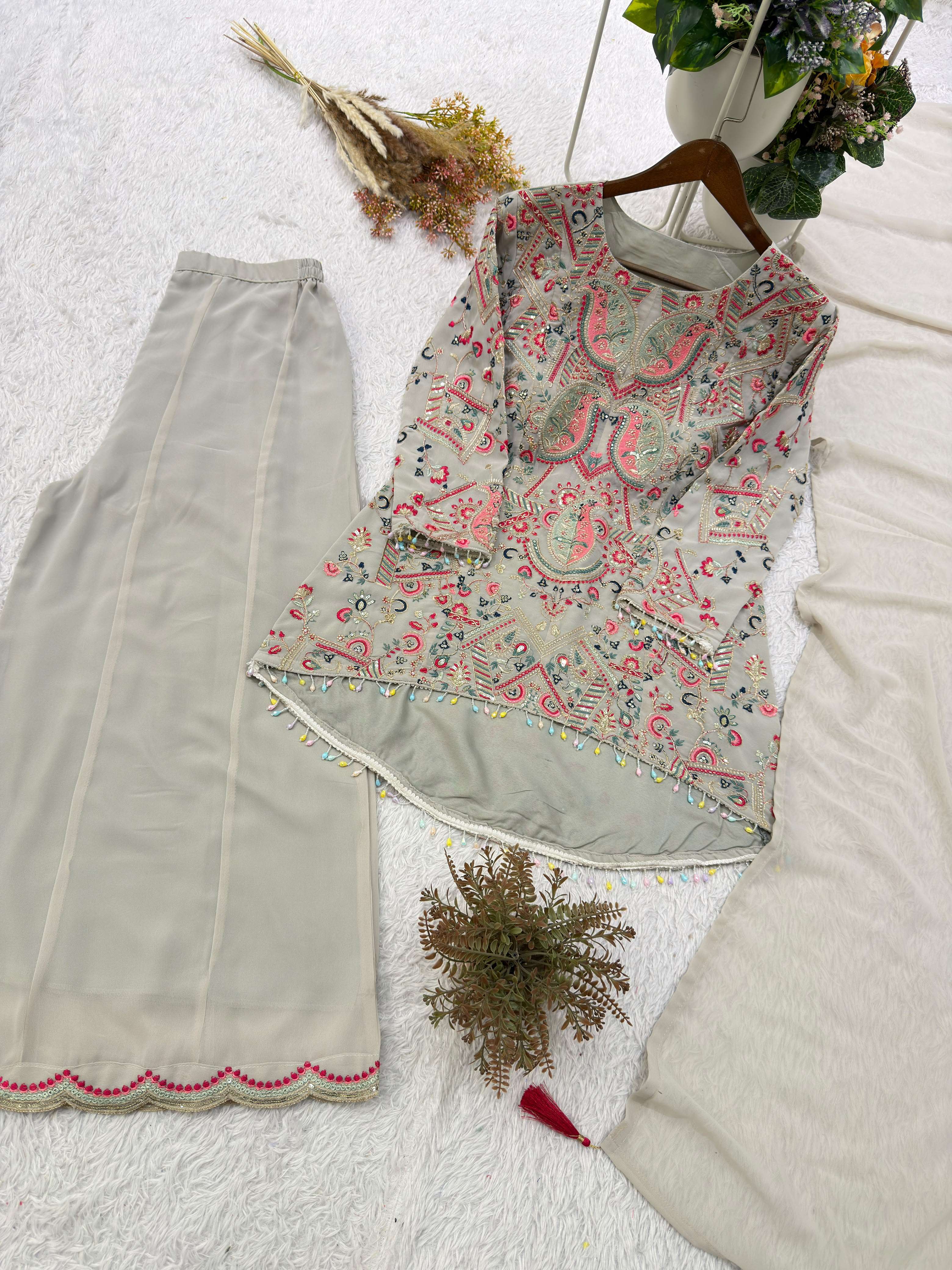 BE 489 GEORGETTE HEAVY SEQUENCE EMBROIDERY TOP AND PLAZZO WITH DUPATTA SET