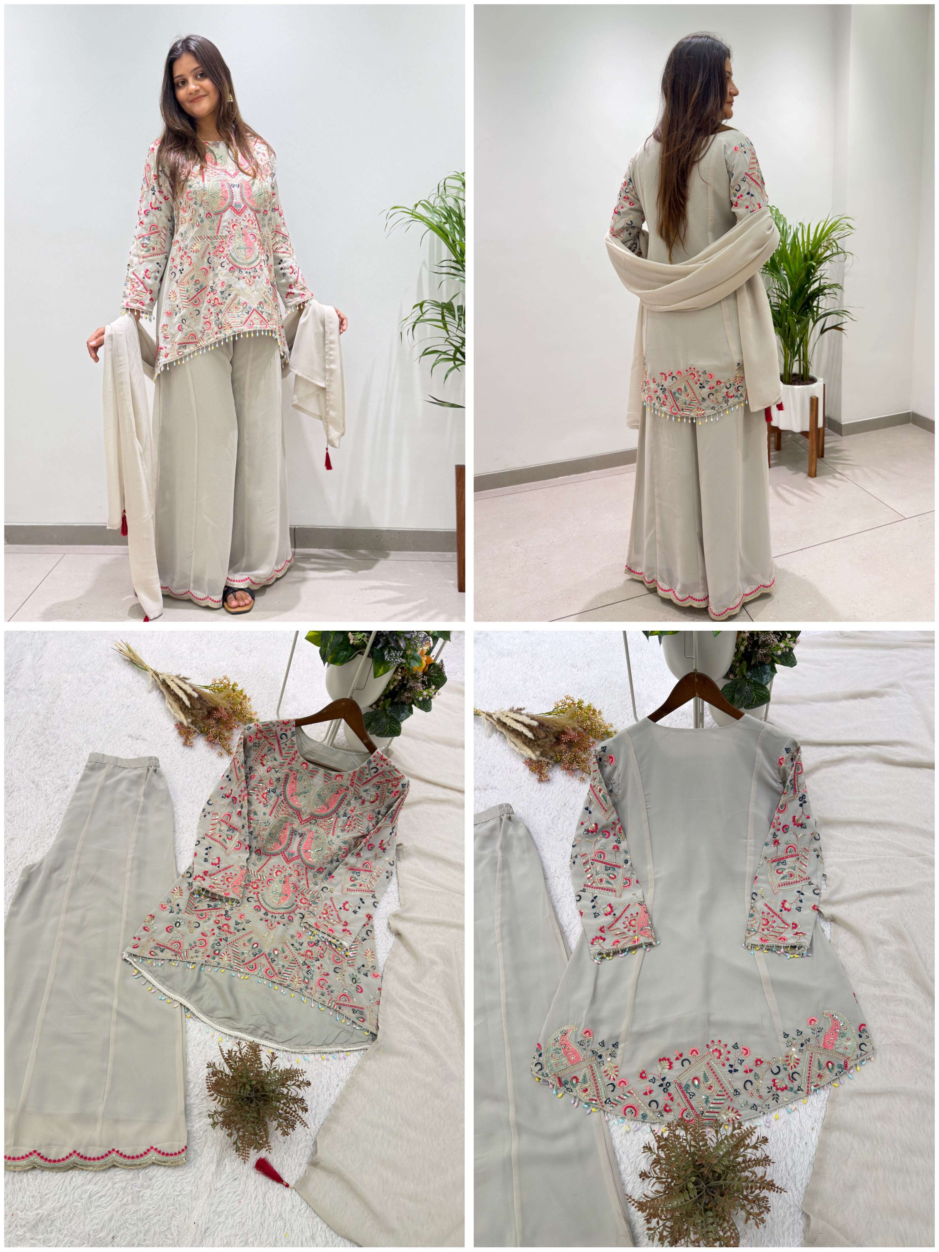 BE 489 GEORGETTE HEAVY SEQUENCE EMBROIDERY TOP AND PLAZZO WITH DUPATTA SET