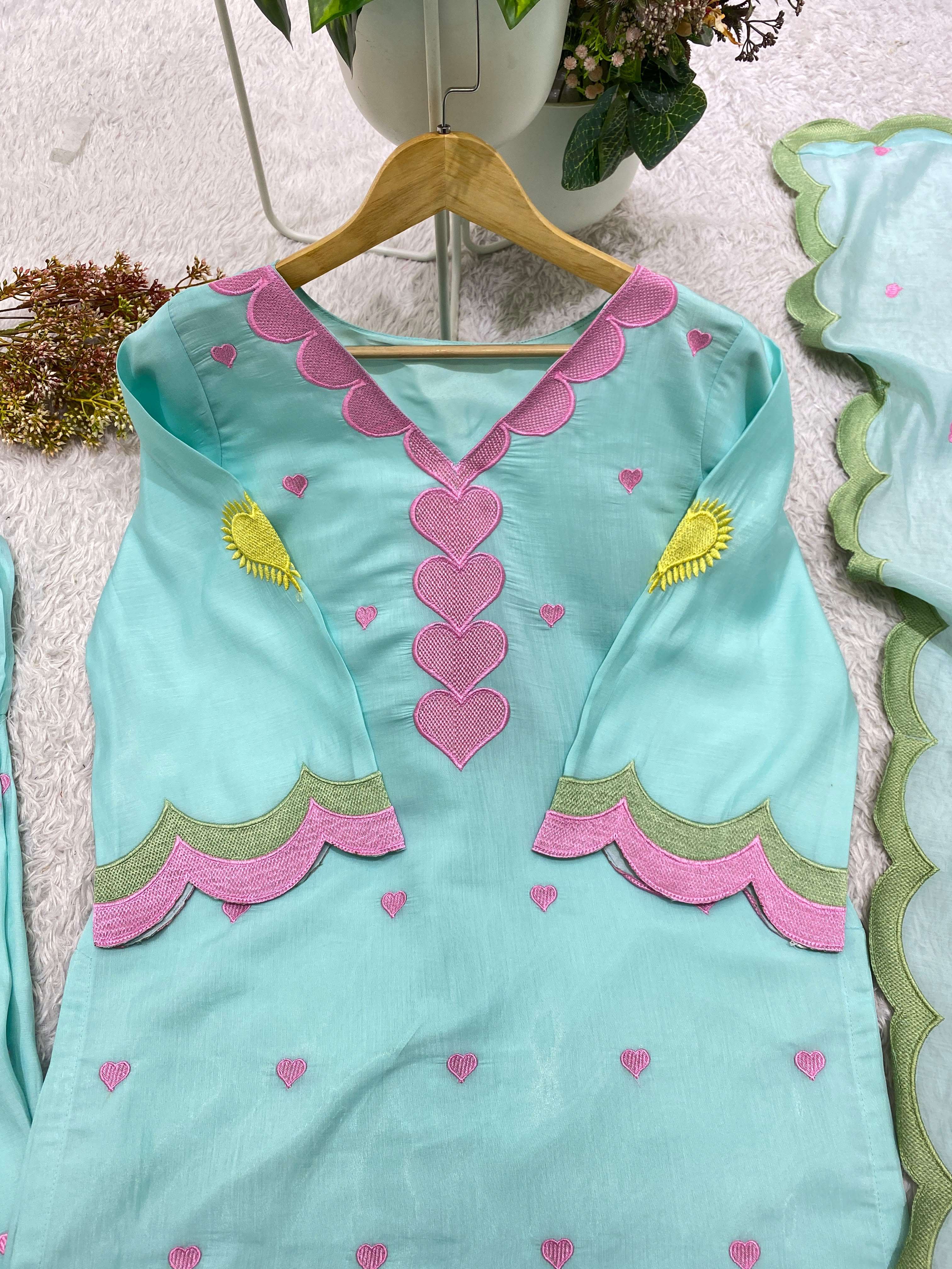 BE 490 CHANDERI SILK DESIGNER EMBROIDERED WORKED TOP SALWAAR WITH DUPATTA