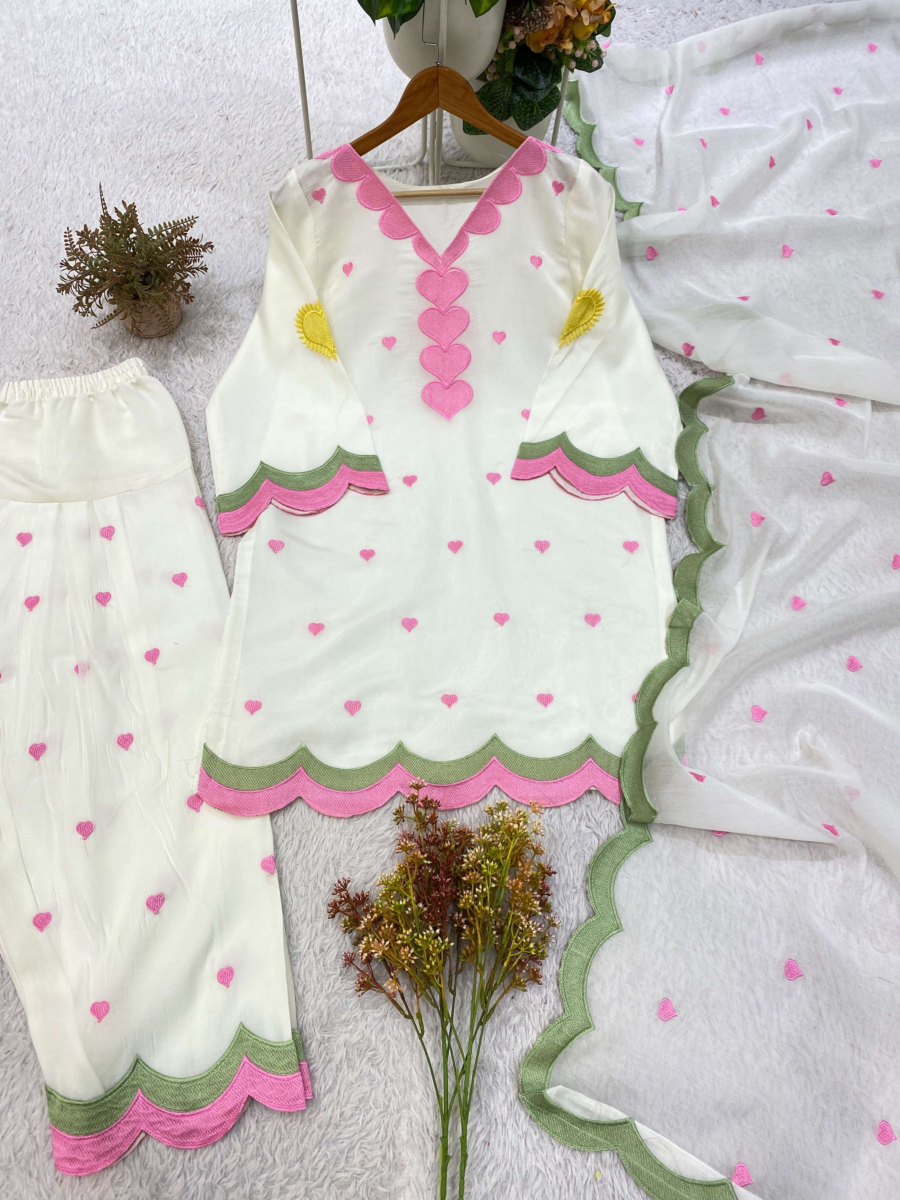 BE 490 CHANDERI SILK DESIGNER EMBROIDERED WORKED TOP SALWAAR WITH DUPATTA