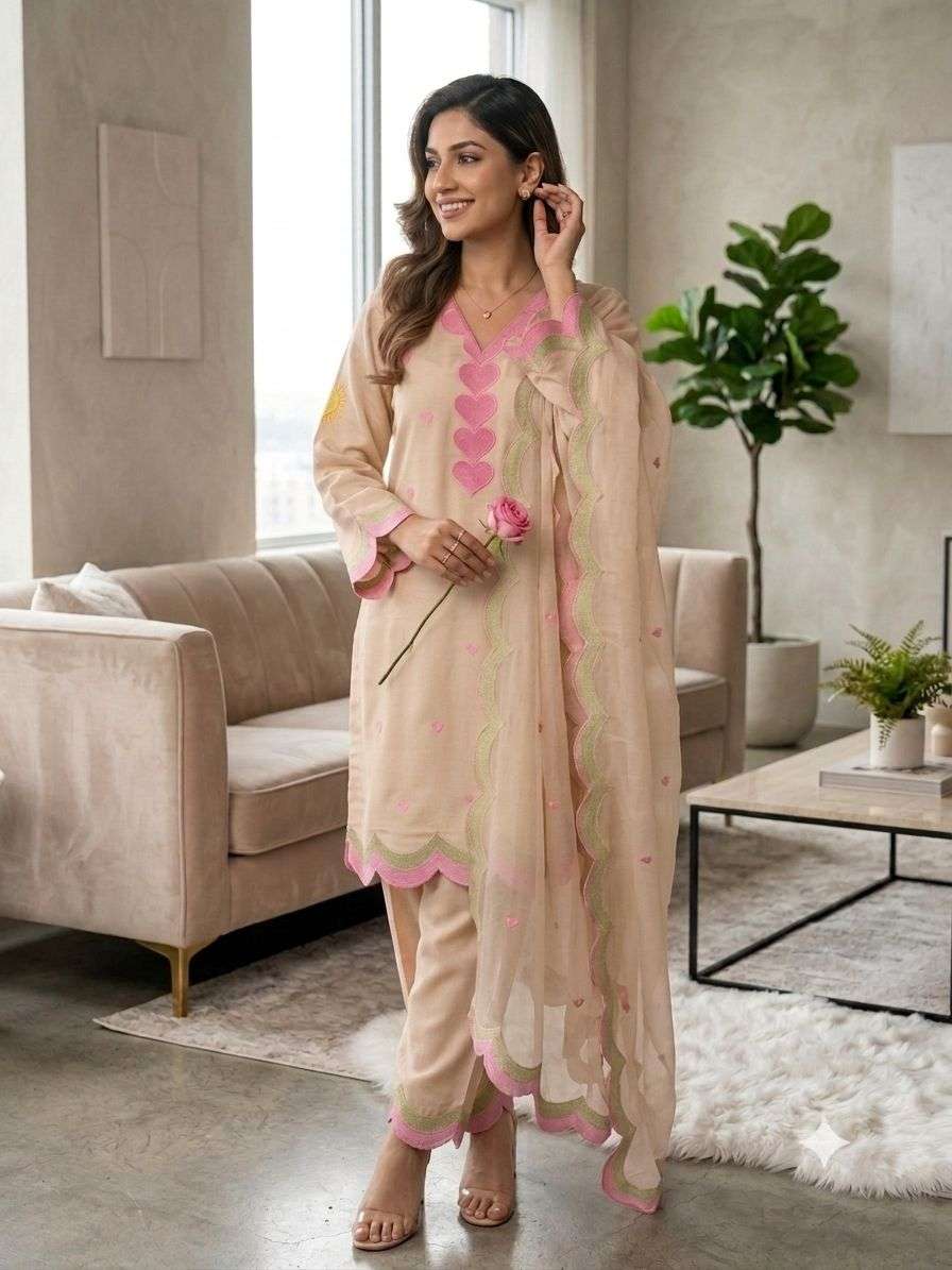 BE 490 CHANDERI SILK DESIGNER EMBROIDERED WORKED TOP SALWAAR WITH DUPATTA