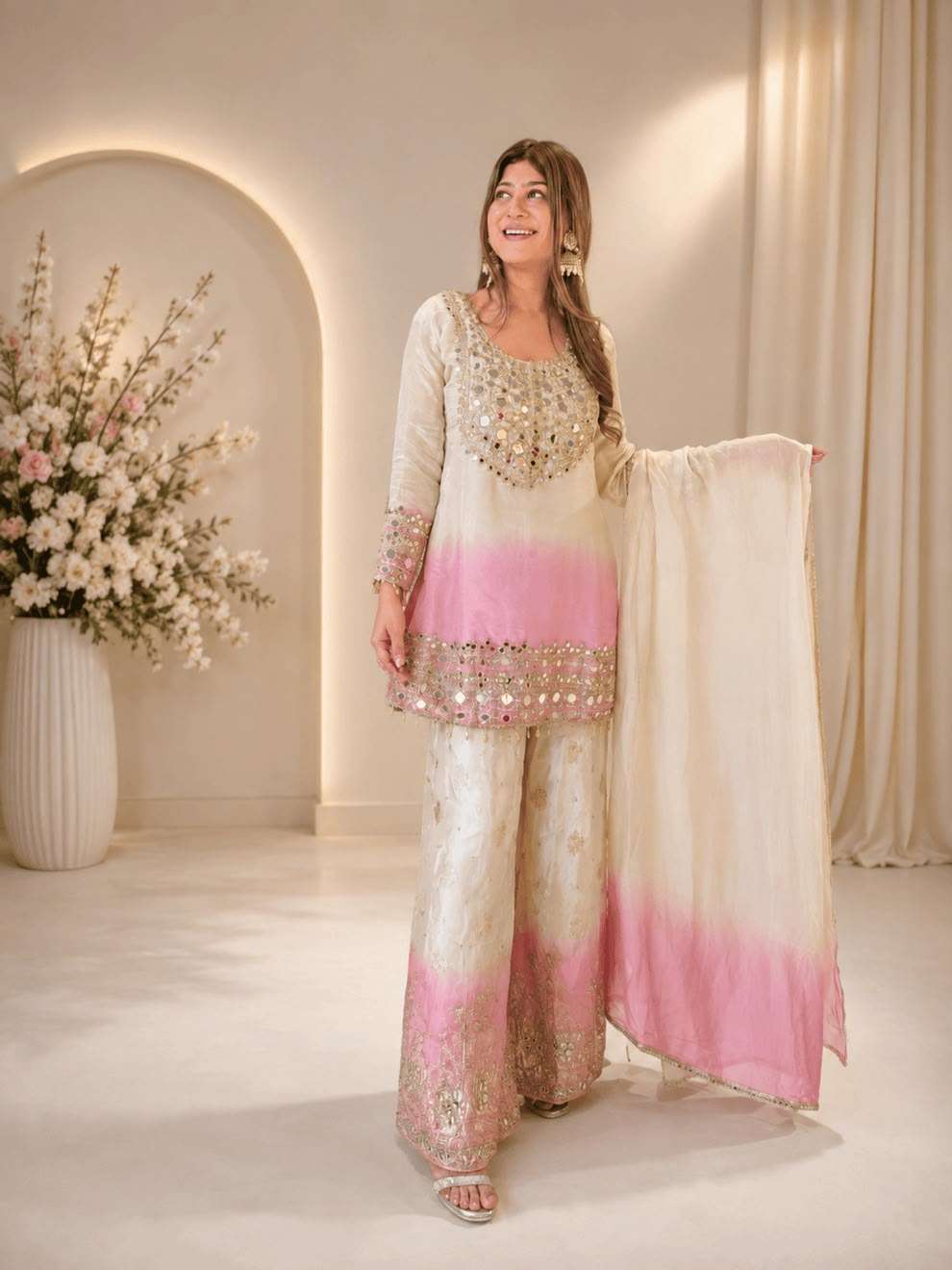 BE 491 MIRROR EMBROIDERED WORKED TOP PLAZZO WITH DUPATTA SET