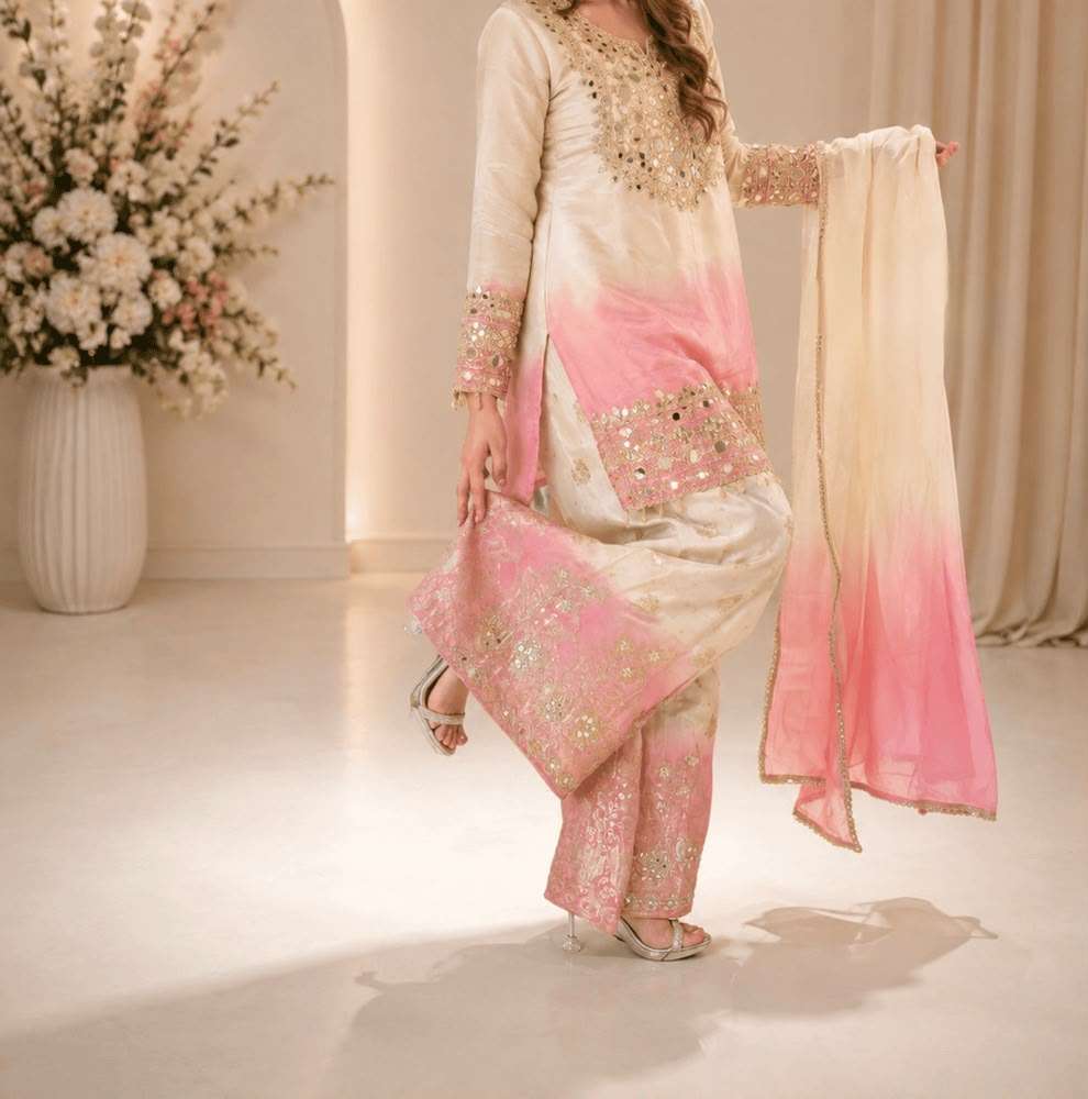 BE 491 MIRROR EMBROIDERED WORKED TOP PLAZZO WITH DUPATTA SET