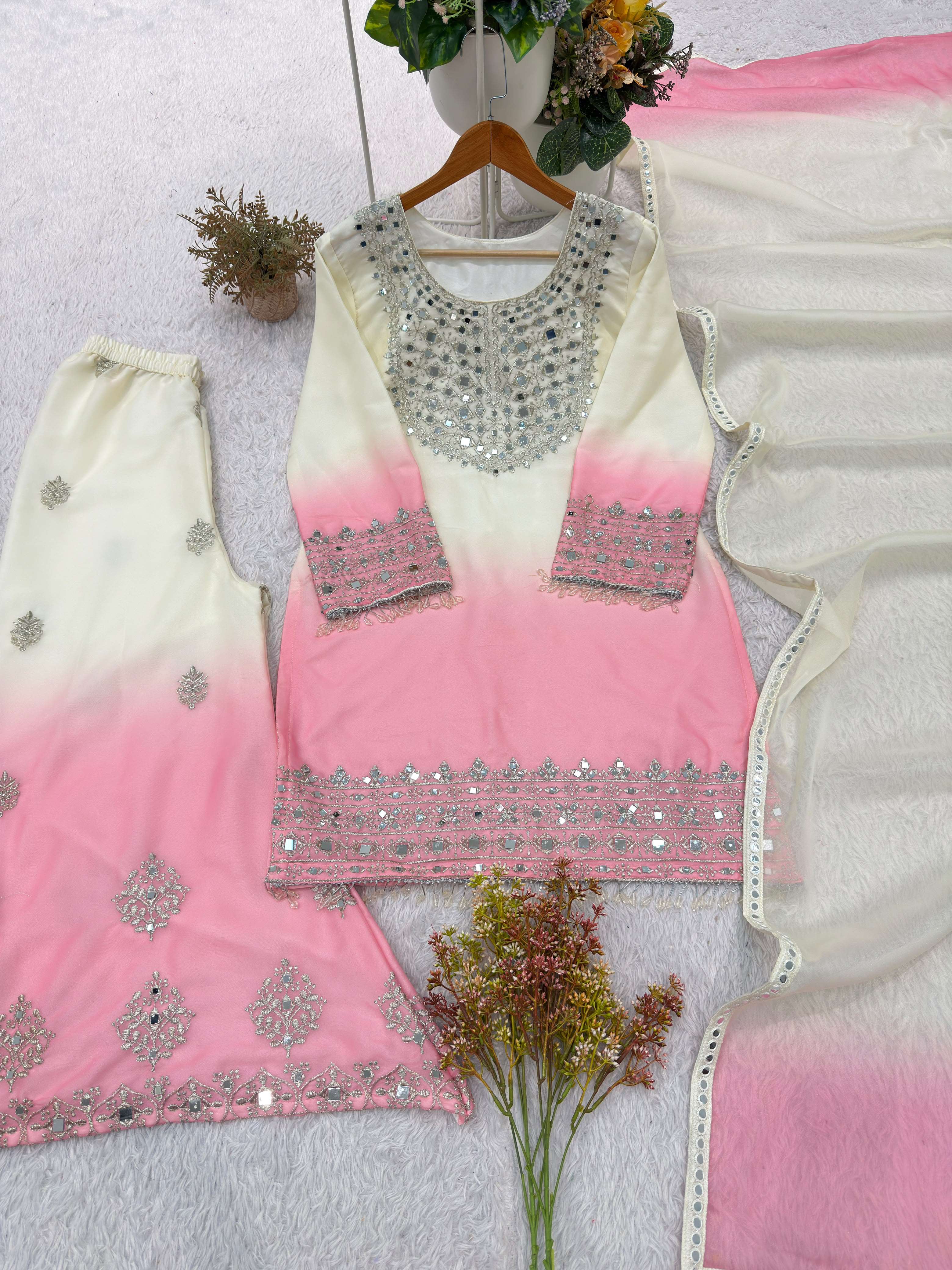 BE 491 MIRROR EMBROIDERED WORKED TOP PLAZZO WITH DUPATTA SET