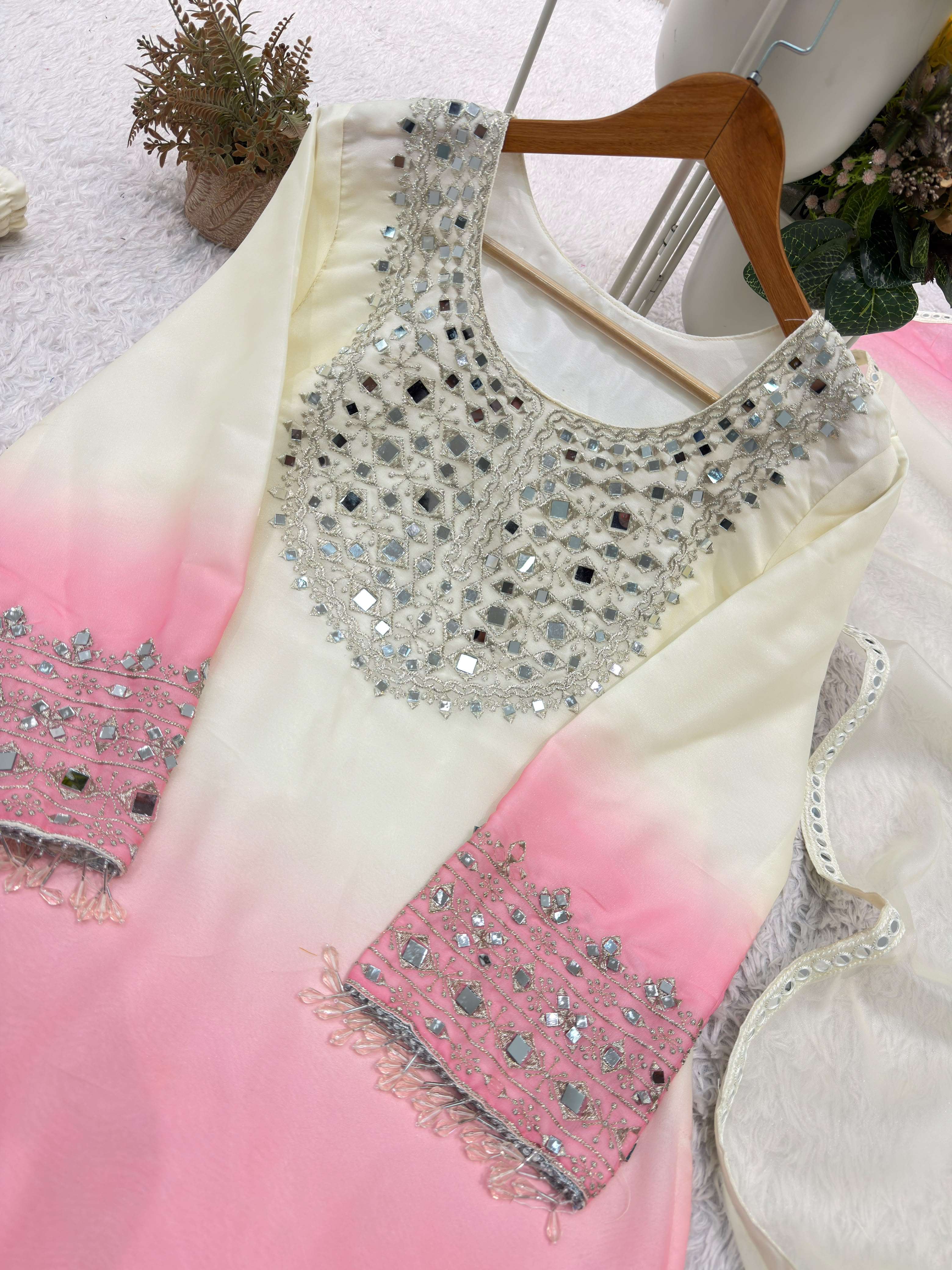 BE 491 MIRROR EMBROIDERED WORKED TOP PLAZZO WITH DUPATTA SET