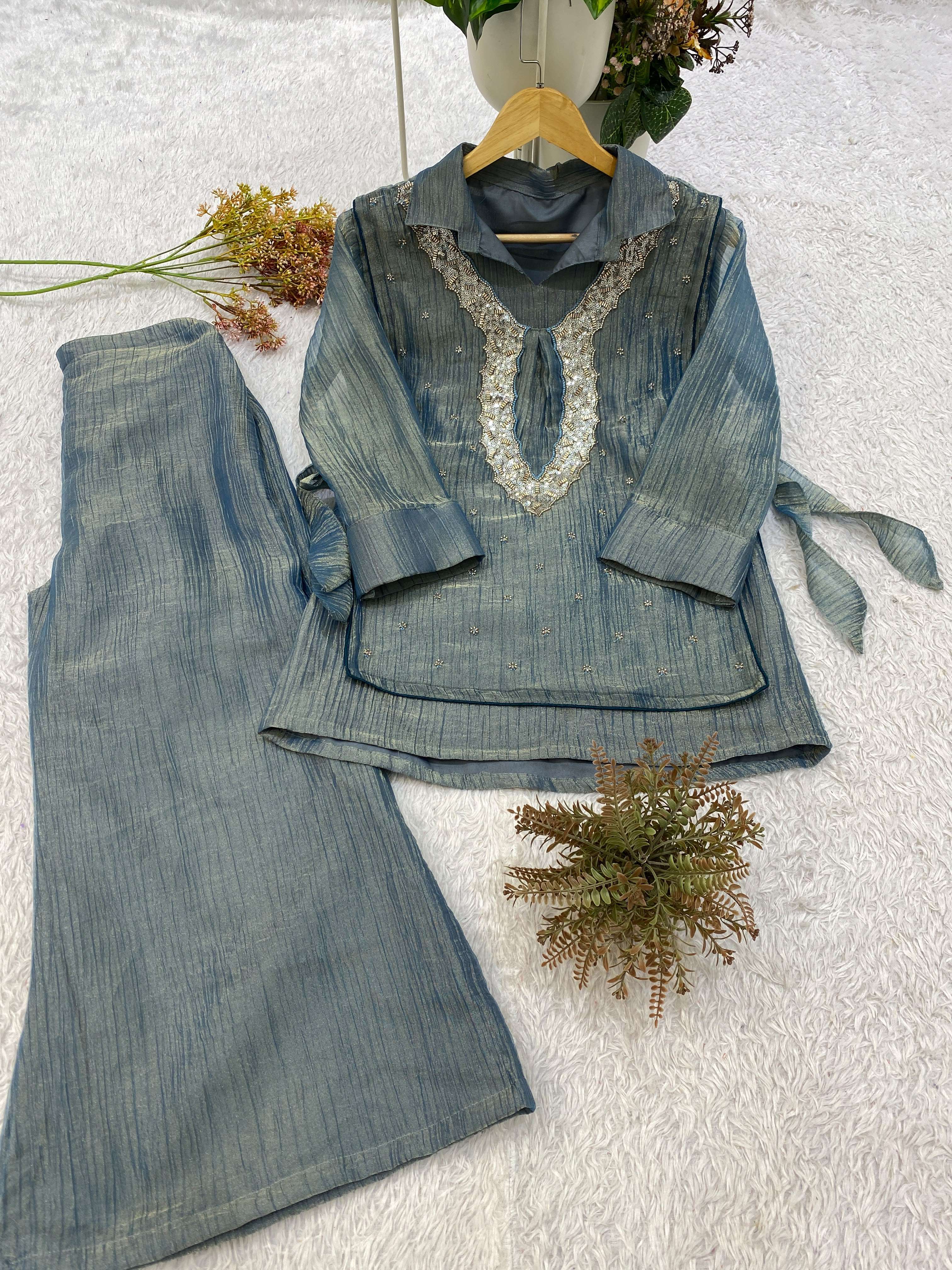 BE 493 SILK DESIGNER SHIRT PANT WITH  HAND EMBROIDERED SHRUG ⁠PARTY WEAR COLLECTION 