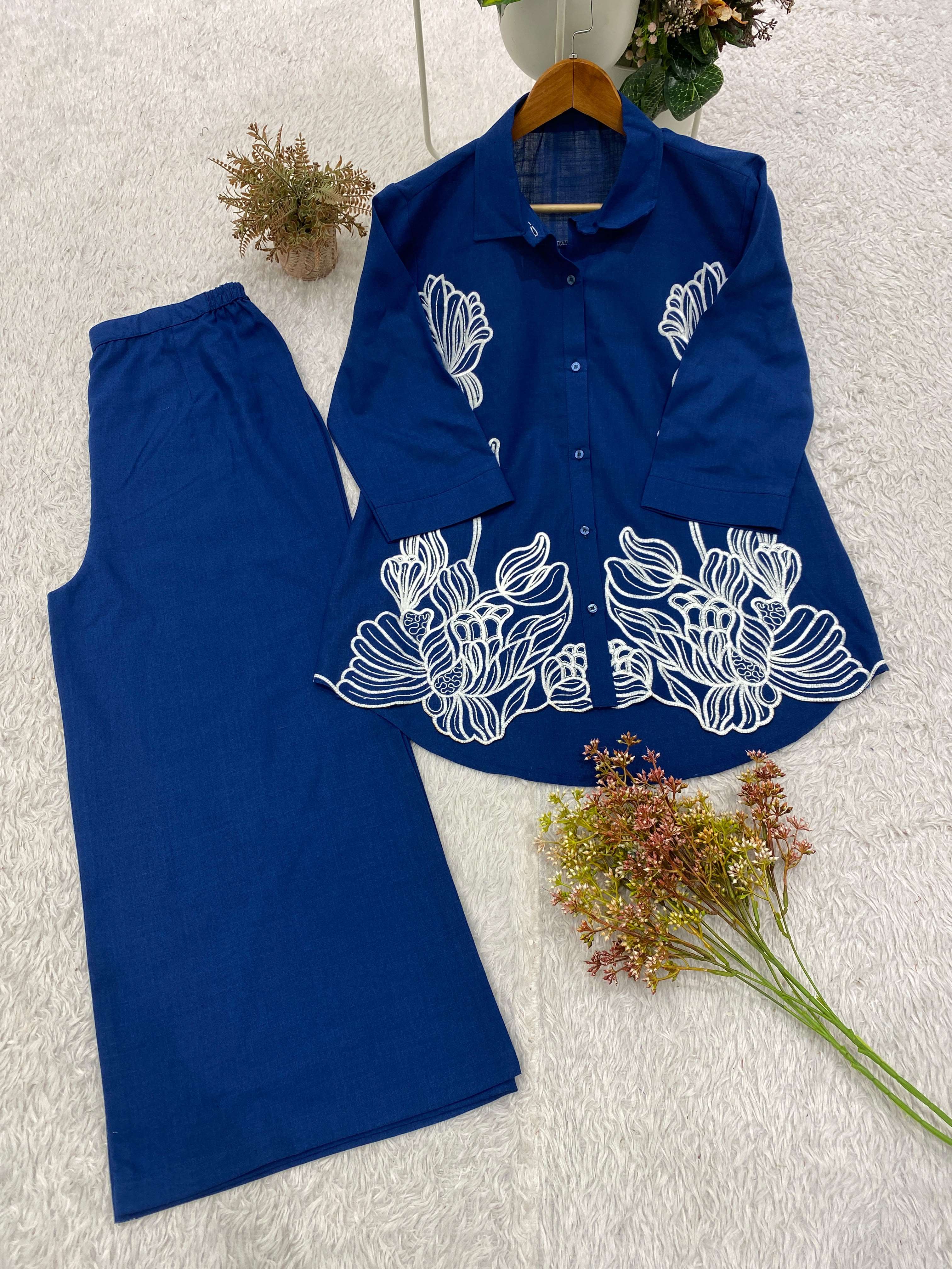 BE 496 DENIM COTTON DESIGNER EMBROIDERED WORK CORD SET