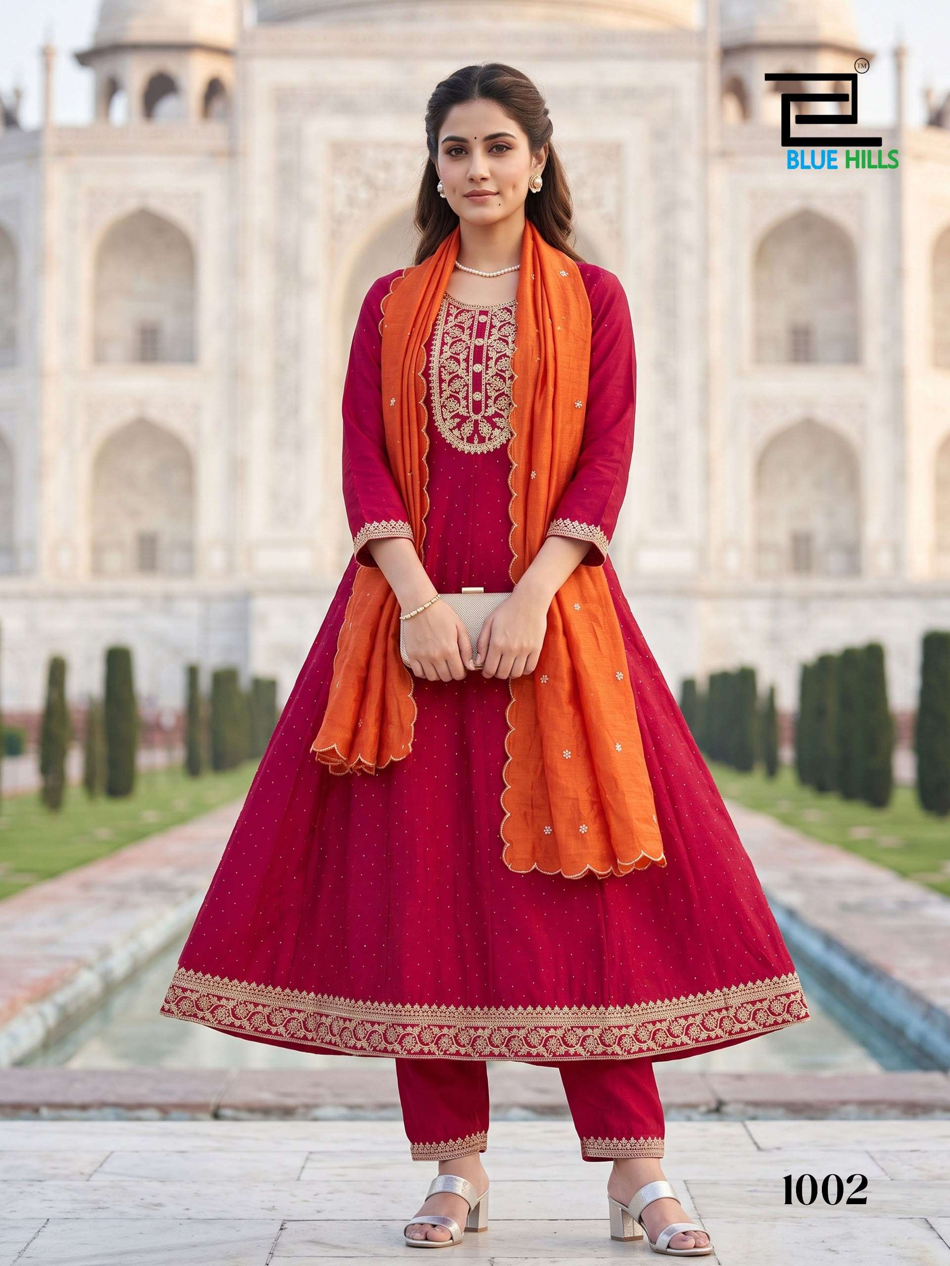 BLUE HILLS AFREEN SILK FANCY WORKS LADIES ANARKALI STYLE KURTI BOTTOM AND DUPATTA SET 