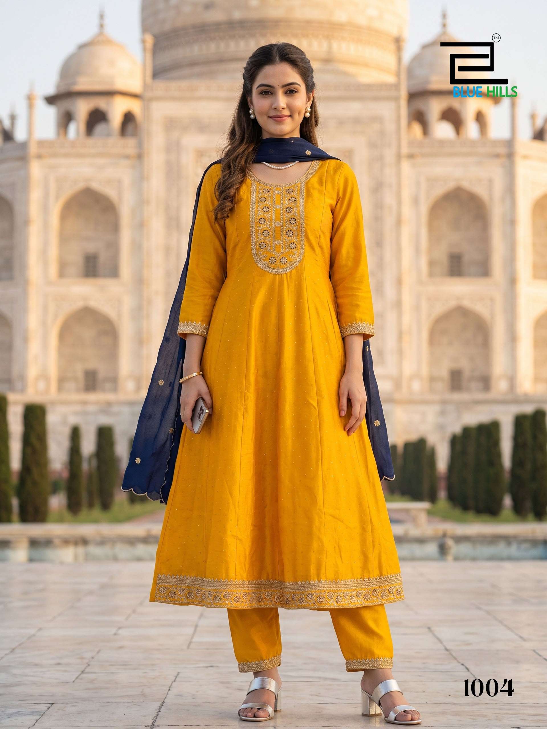 BLUE HILLS AFREEN SILK FANCY WORKS LADIES ANARKALI STYLE KURTI BOTTOM AND DUPATTA SET 