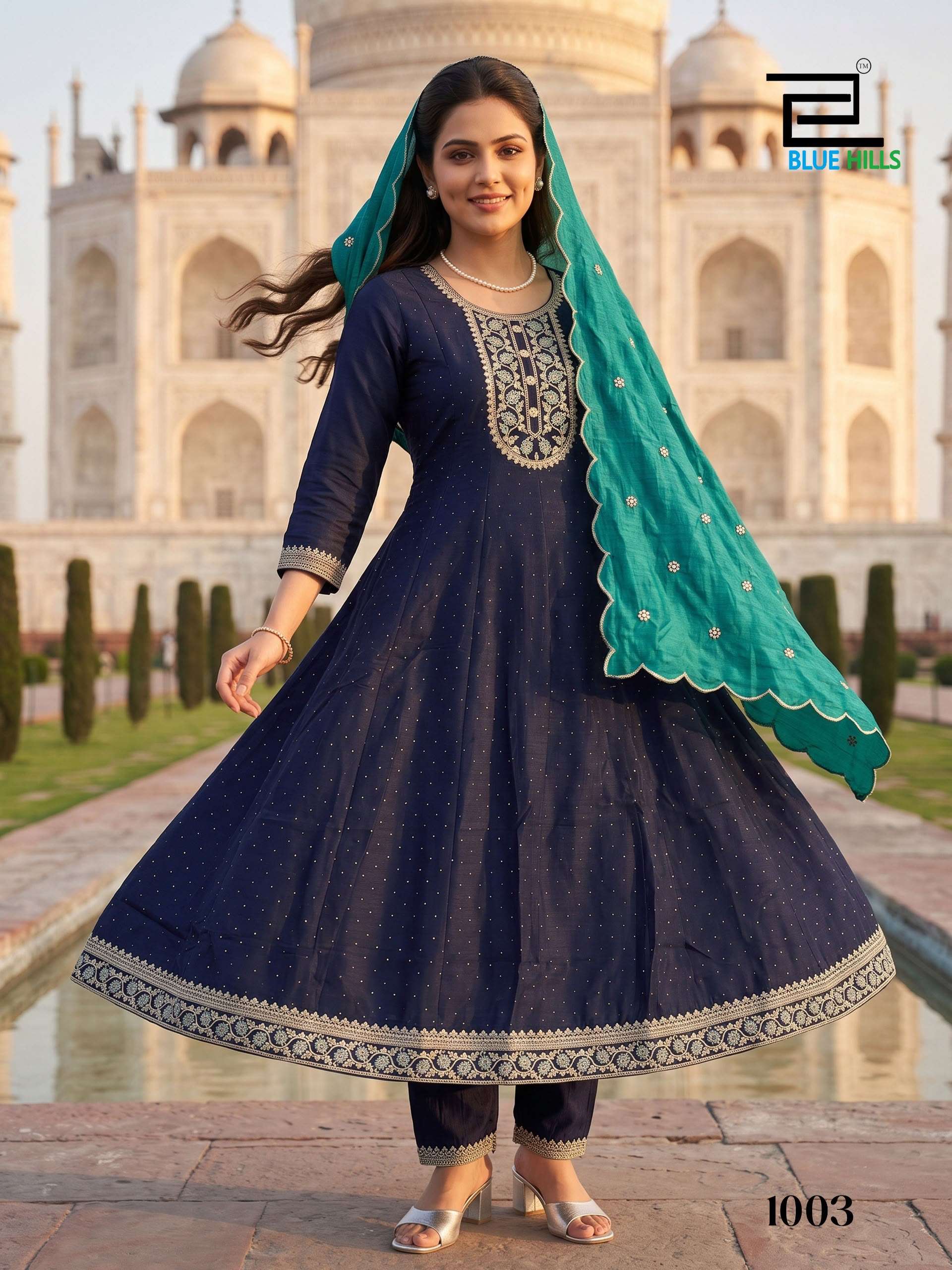 BLUE HILLS AFREEN SILK FANCY WORKS LADIES ANARKALI STYLE KURTI BOTTOM AND DUPATTA SET 