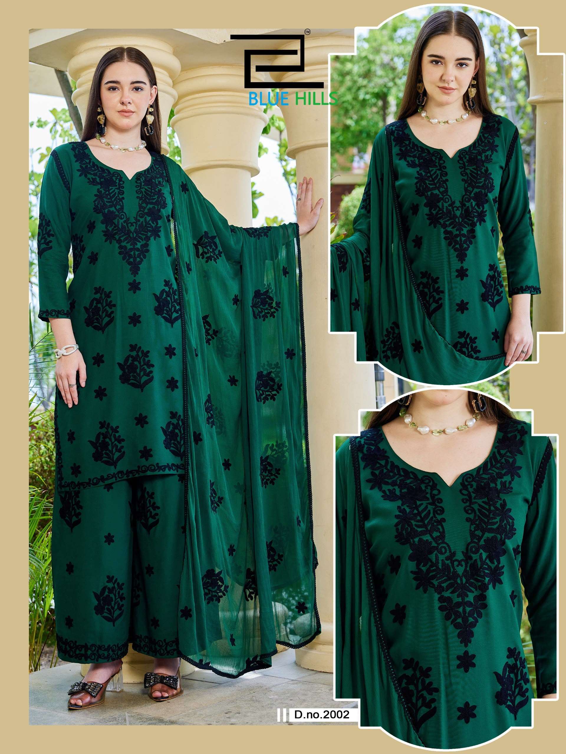 BLUE HILLS BLACK BUNNY VOL 30 NX RAYON FANCY WORKS LADIES KURTI BOTTOM AND DUPATTA SET 