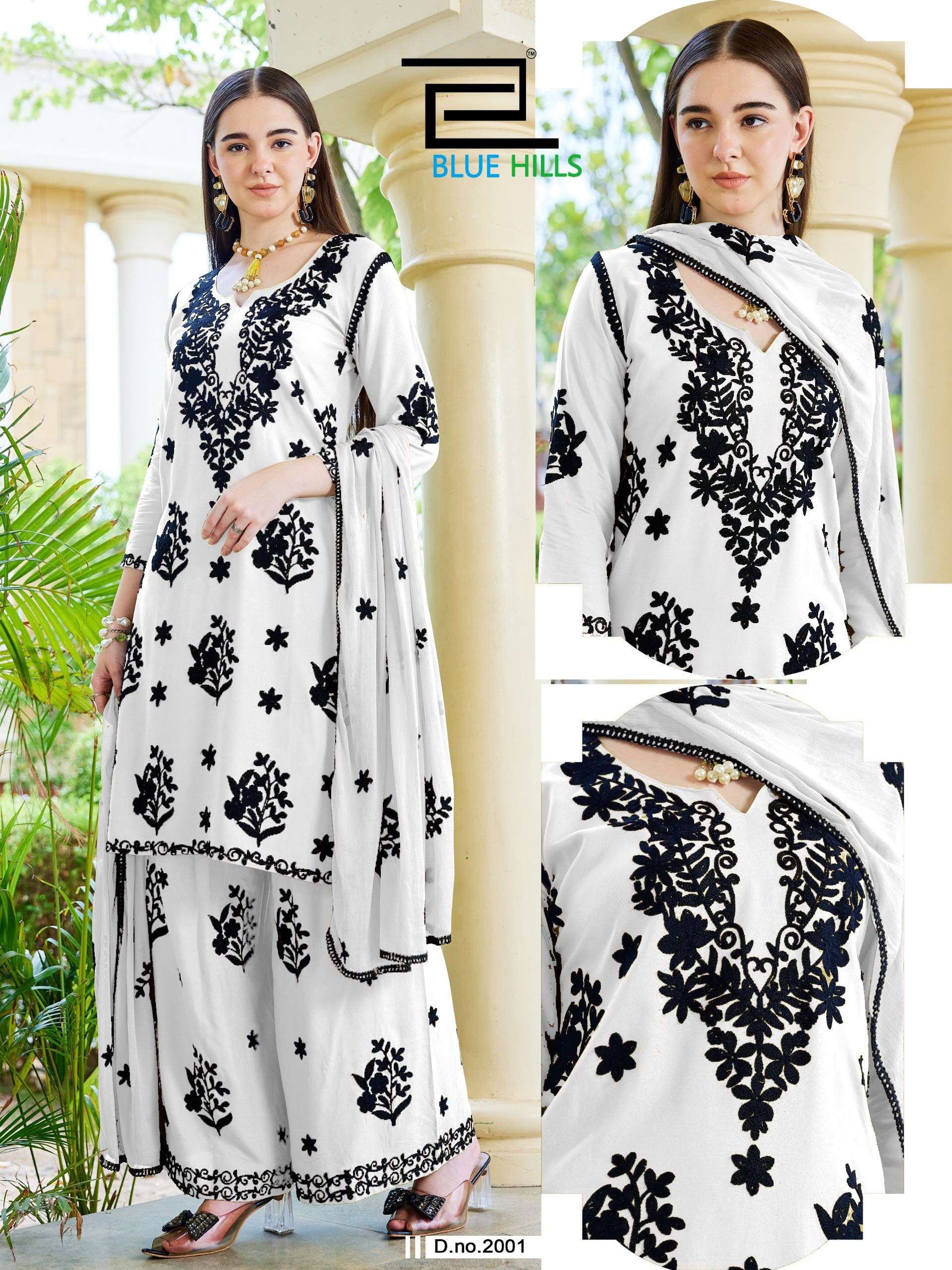 BLUE HILLS BLACK BUNNY VOL 30 NX RAYON FANCY WORKS LADIES KURTI BOTTOM AND DUPATTA SET 