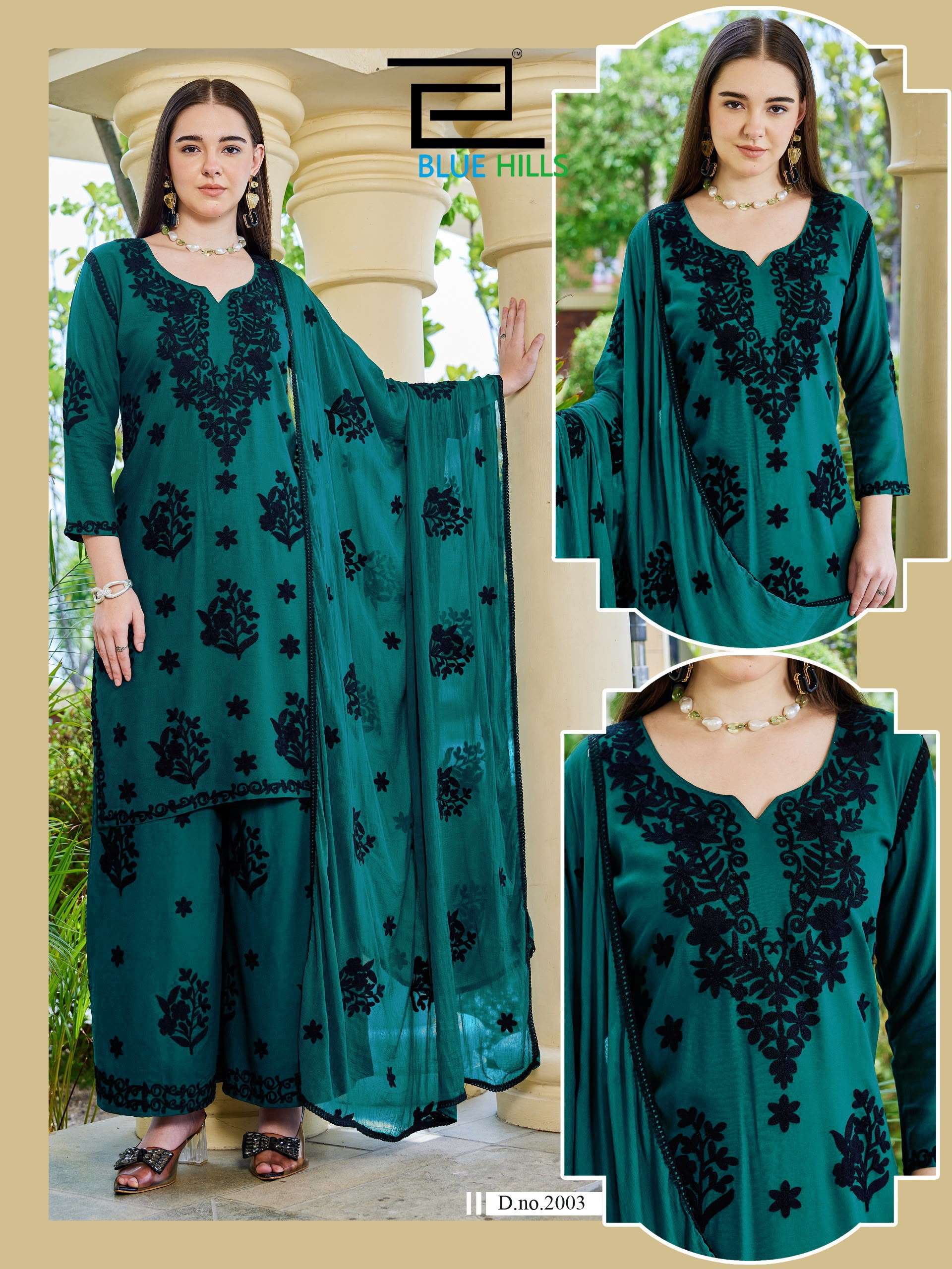 BLUE HILLS BLACK BUNNY VOL 30 NX RAYON FANCY WORKS LADIES KURTI BOTTOM AND DUPATTA SET 