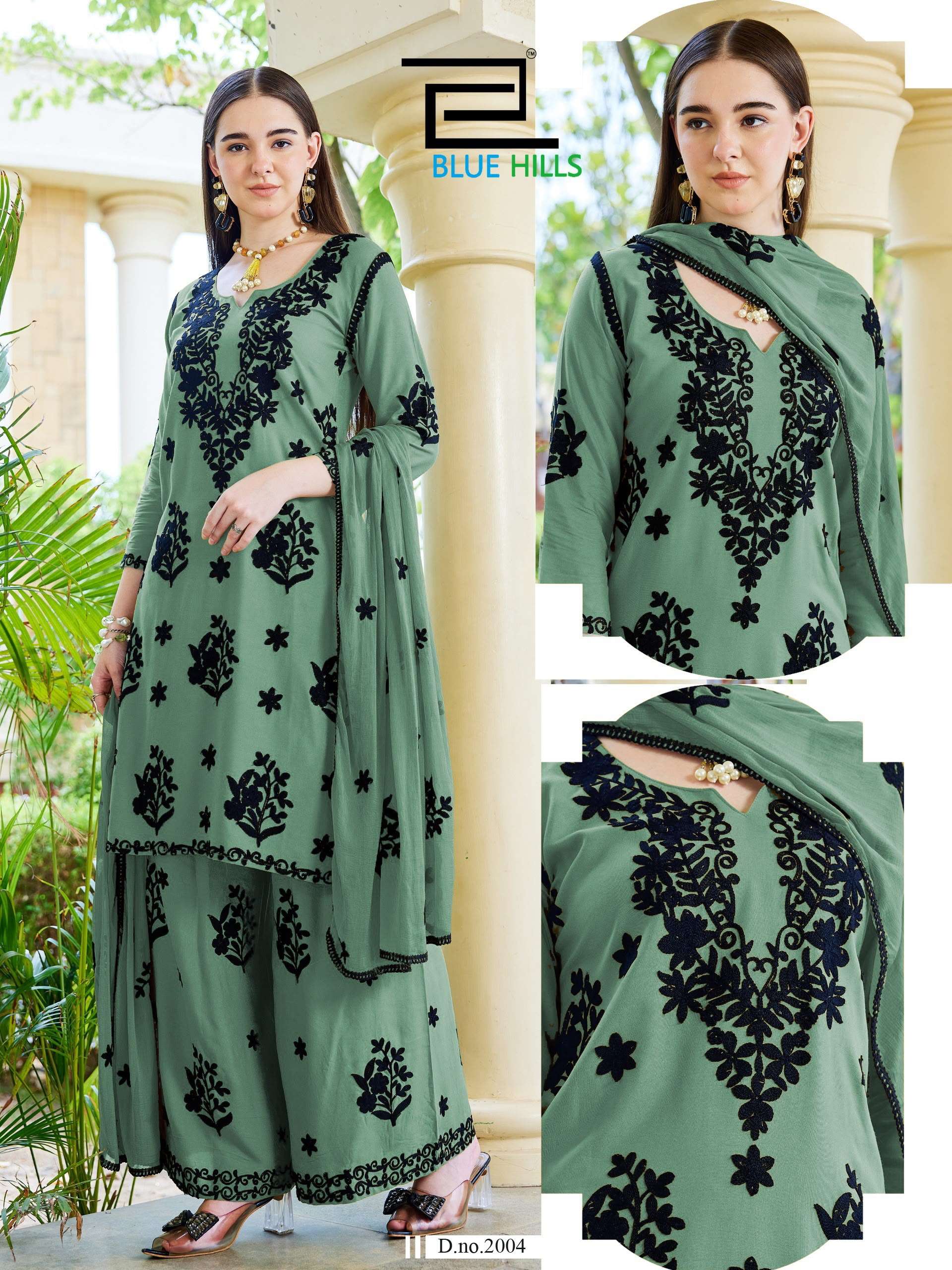 BLUE HILLS BLACK BUNNY VOL 30 NX RAYON FANCY WORKS LADIES KURTI BOTTOM AND DUPATTA SET 