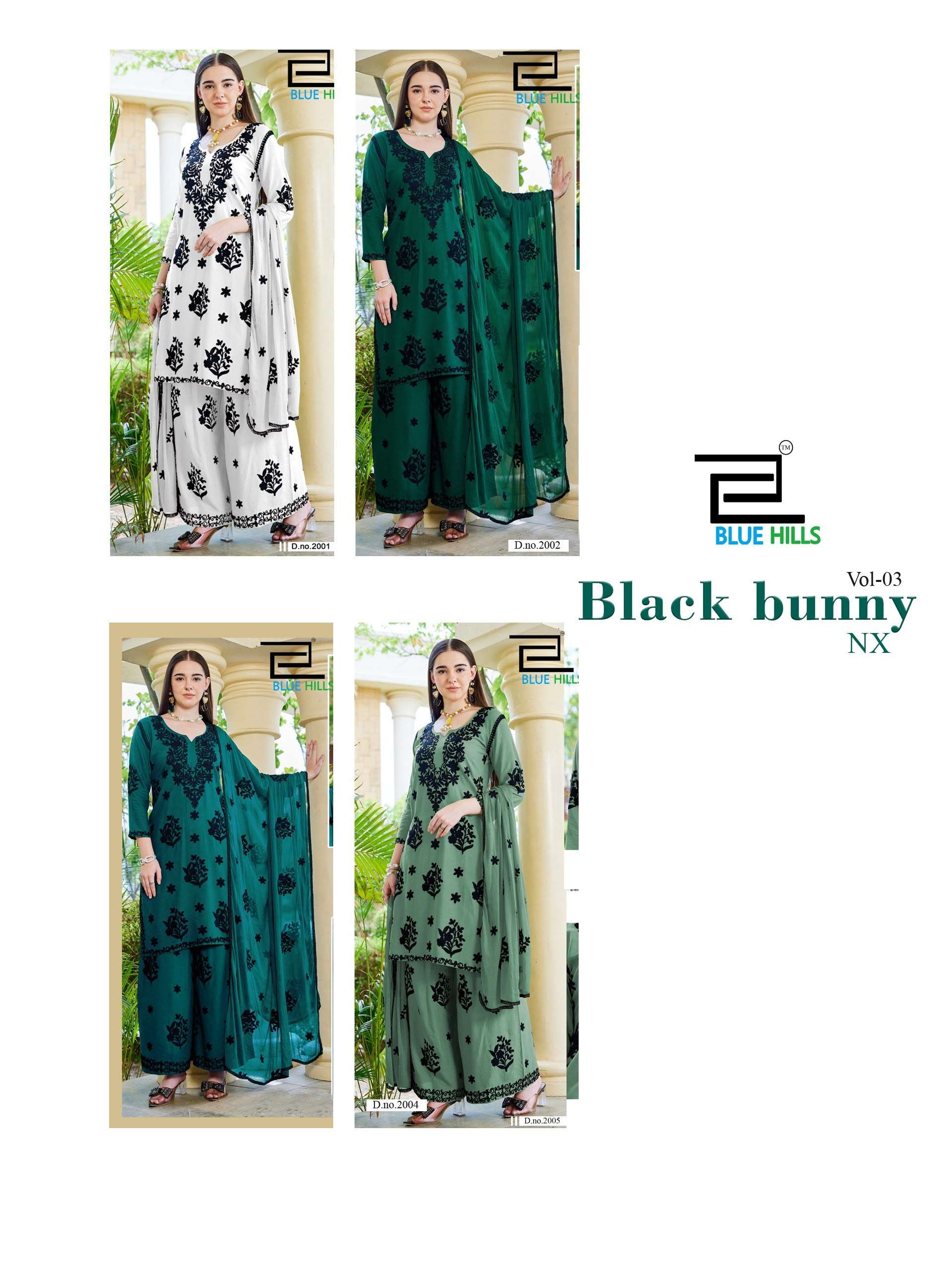 BLUE HILLS BLACK BUNNY VOL 30 NX RAYON FANCY WORKS LADIES KURTI BOTTOM AND DUPATTA SET 
