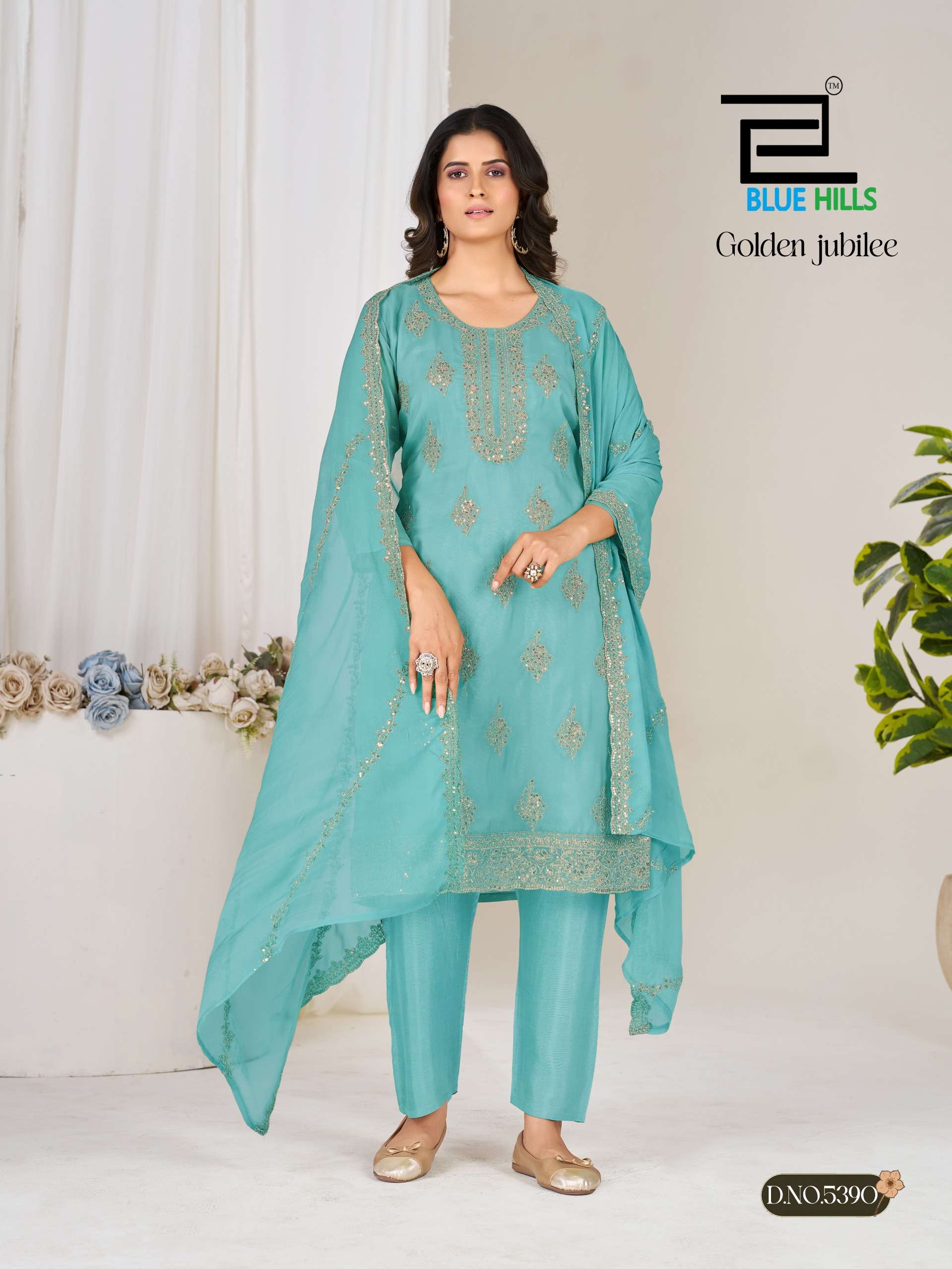 BLUE HILLS GOLDEN JUBILEE ORGANZA EMBROIDERY DESIGNER READY MADE LADIES SUIT