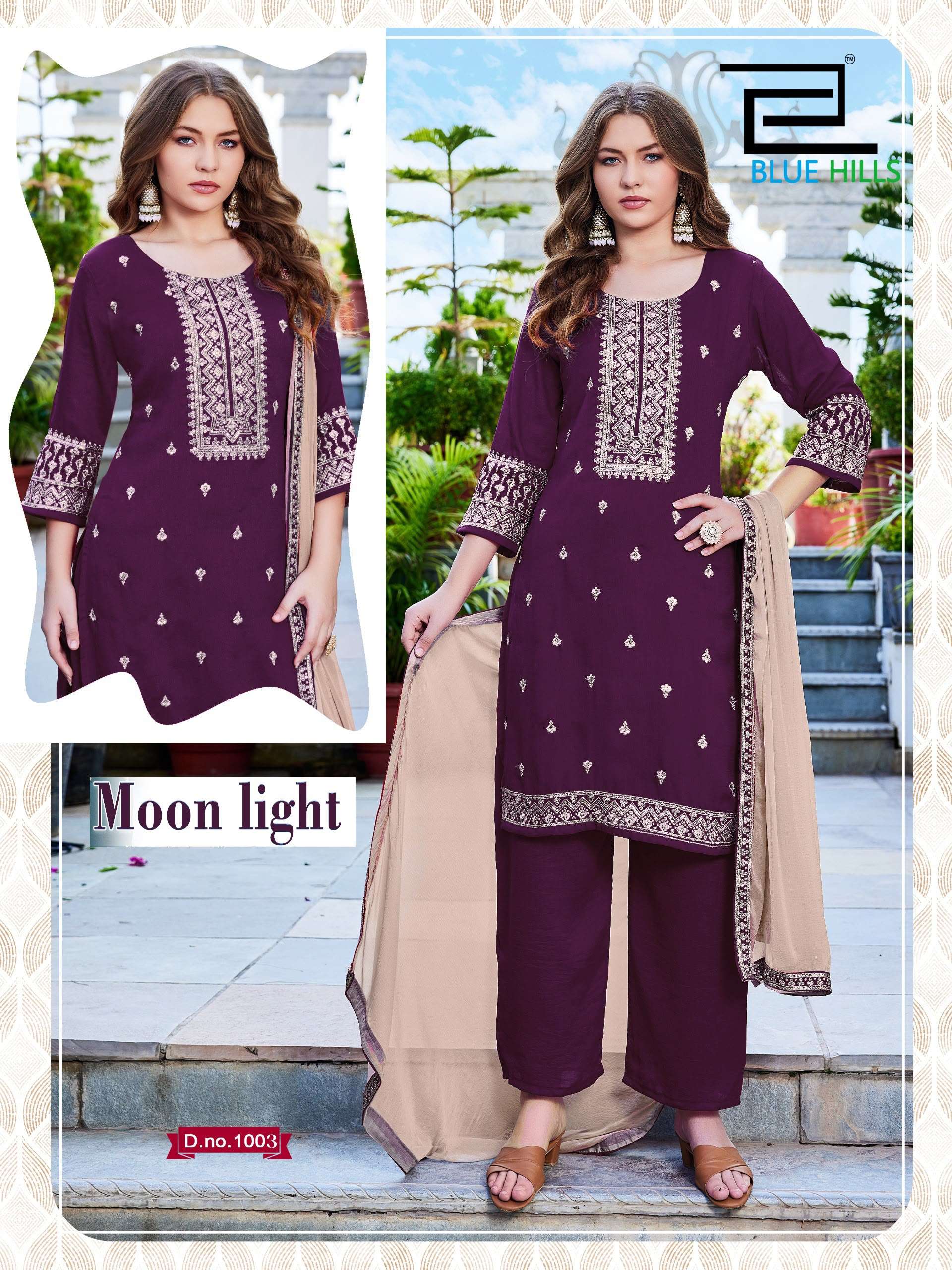 BLUE HILLS MOON LIGHT SILK FANCY EMBROIDERIES WORK LADIES 3PCS SET COLLECTION 