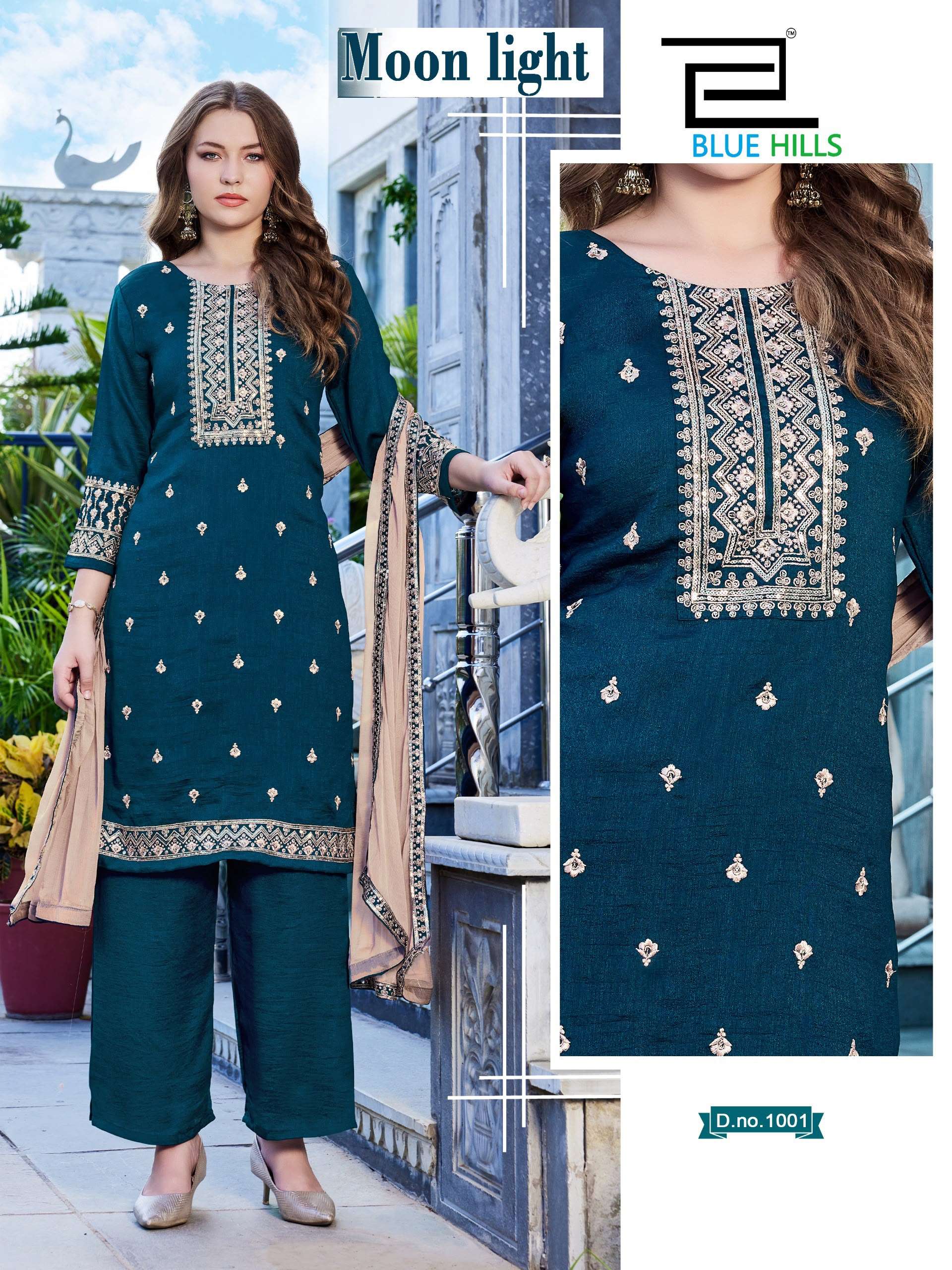 BLUE HILLS MOON LIGHT SILK FANCY EMBROIDERIES WORK LADIES 3PCS SET COLLECTION 