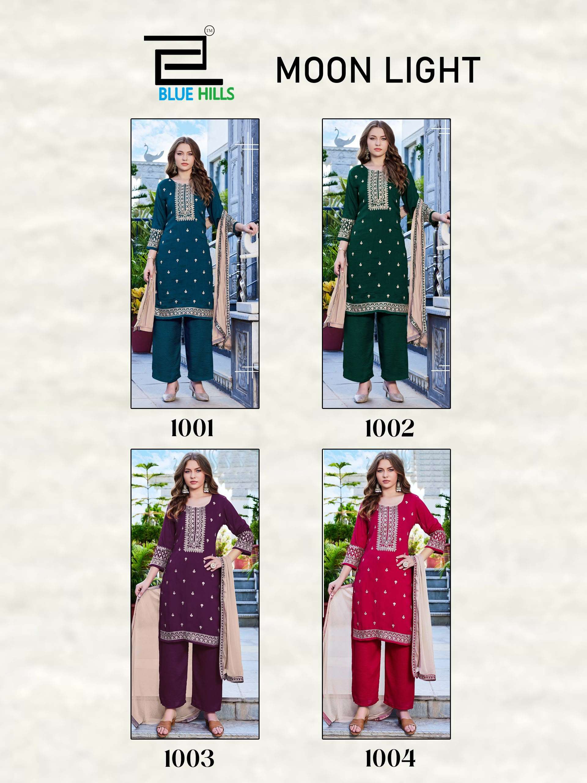 BLUE HILLS MOON LIGHT SILK FANCY EMBROIDERIES WORK LADIES 3PCS SET COLLECTION 