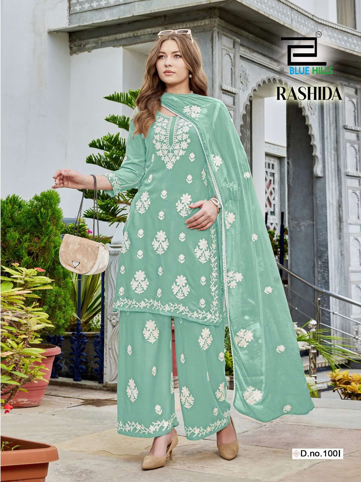 BLUE HILLS RASHIDA RAYON FANCY LUCKNOWI WORKS STYLE KURTI PLAZZO AND DUPATTA SET 