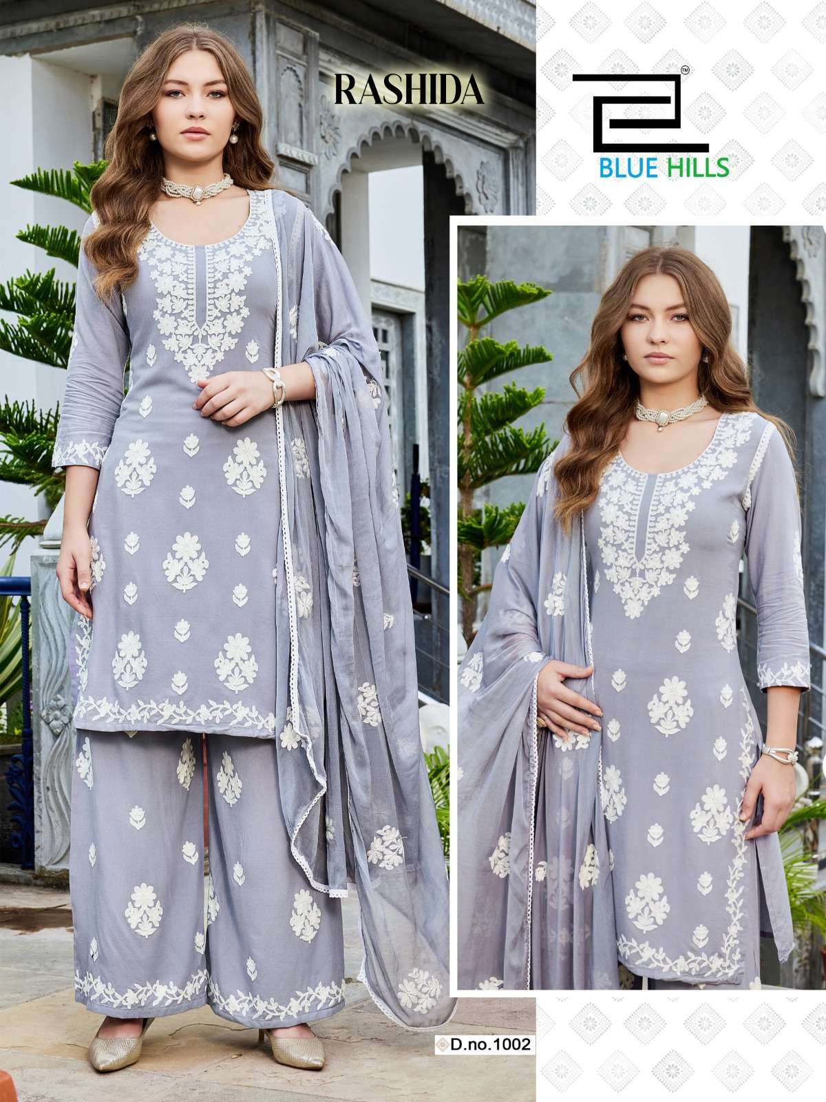 BLUE HILLS RASHIDA RAYON FANCY LUCKNOWI WORKS STYLE KURTI PLAZZO AND DUPATTA SET 