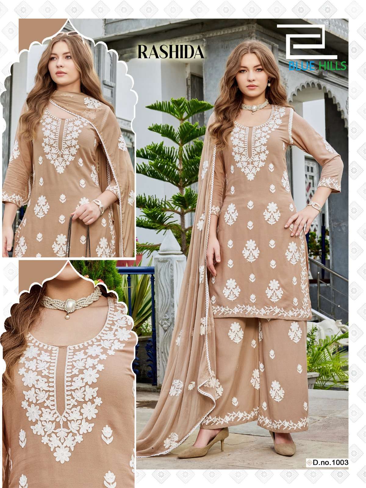 BLUE HILLS RASHIDA RAYON FANCY LUCKNOWI WORKS STYLE KURTI PLAZZO AND DUPATTA SET 