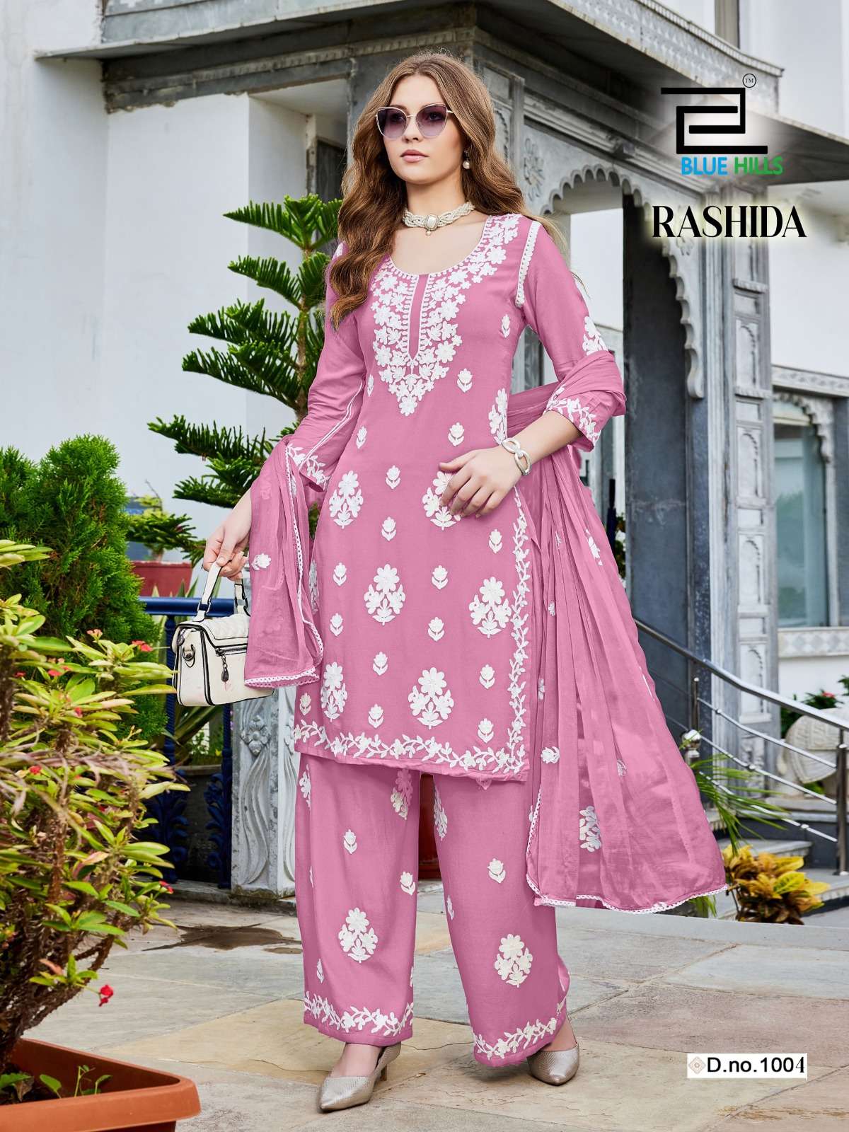 BLUE HILLS RASHIDA RAYON FANCY LUCKNOWI WORKS STYLE KURTI PLAZZO AND DUPATTA SET 