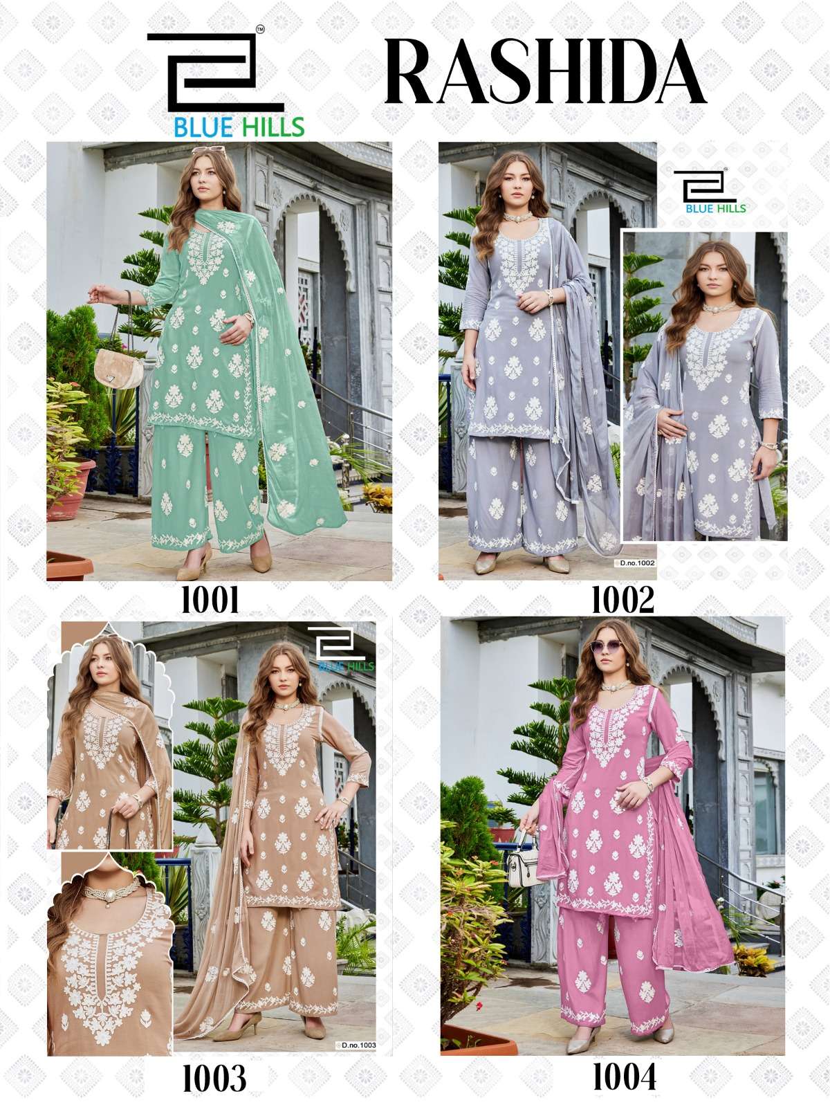 BLUE HILLS RASHIDA RAYON FANCY LUCKNOWI WORKS STYLE KURTI PLAZZO AND DUPATTA SET 