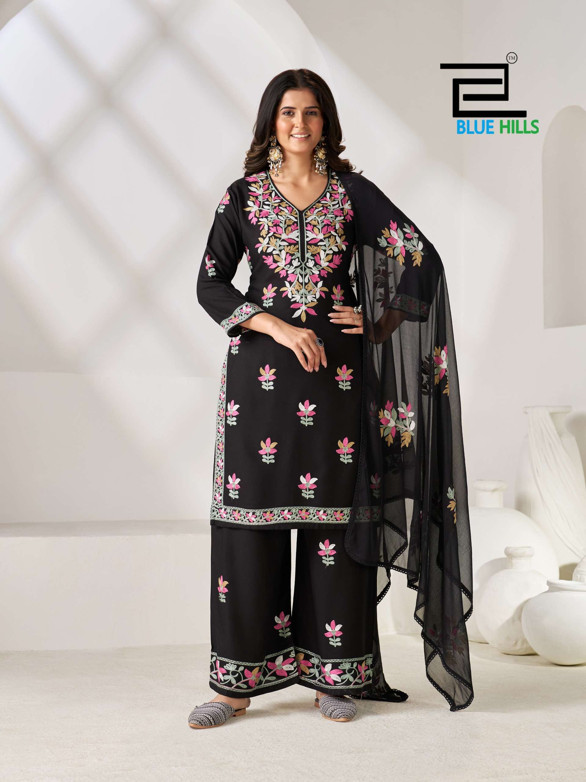 BLUE HILLS ROSE VOL 5 RAYON EMBROIDERY DESIGNER WORK TOP PLAZZO AND DUPATTA SET 