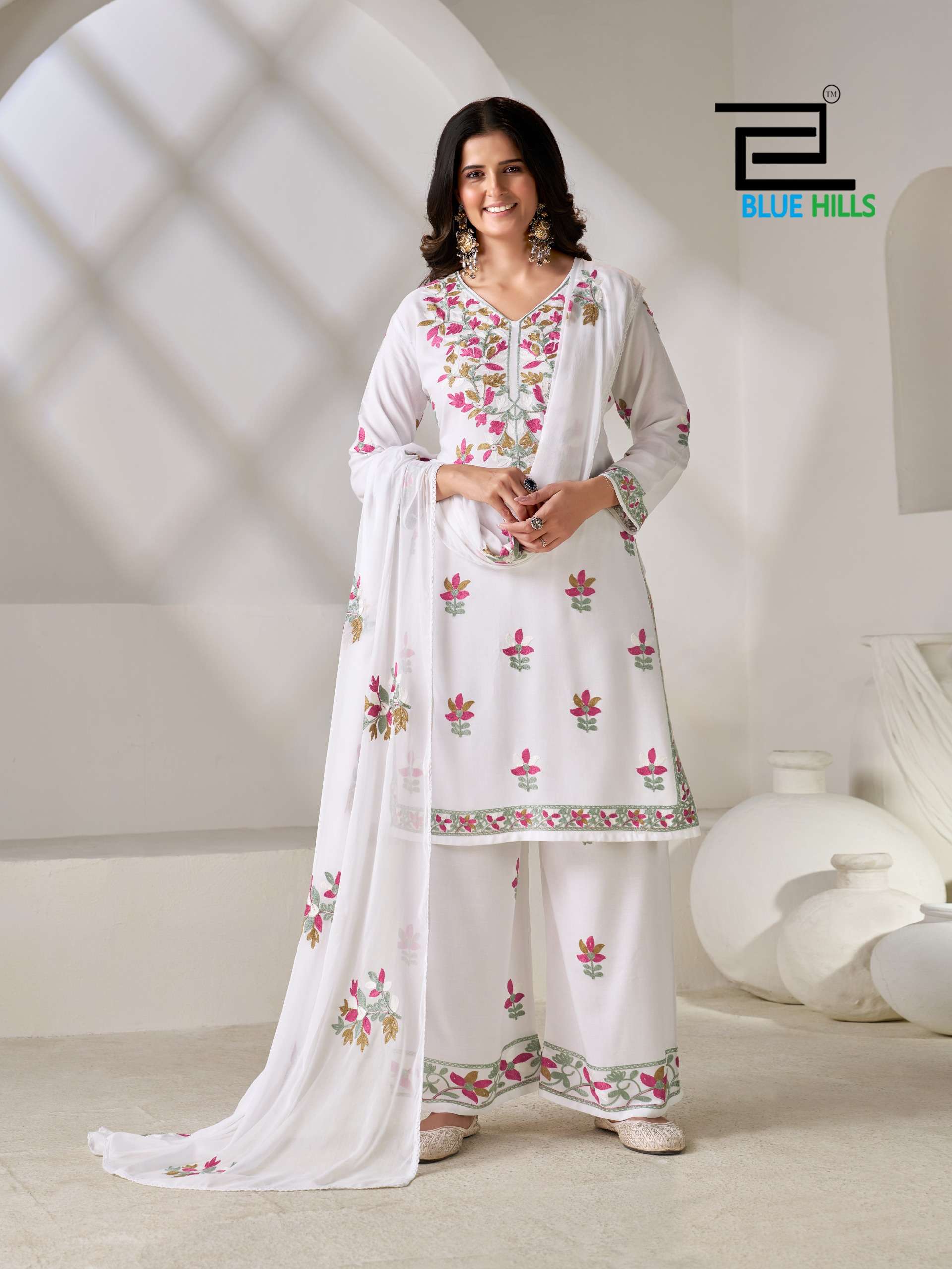 BLUE HILLS ROSE VOL 5 RAYON EMBROIDERY DESIGNER WORK TOP PLAZZO AND DUPATTA SET 