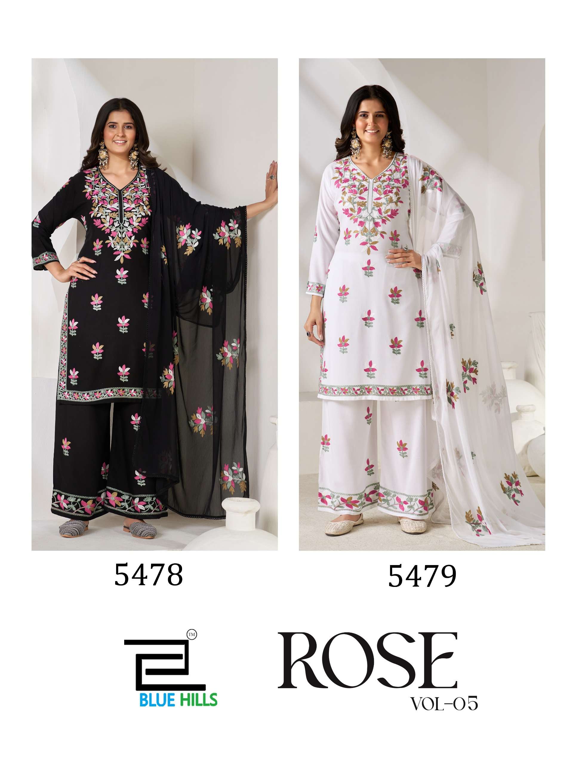 BLUE HILLS ROSE VOL 5 RAYON EMBROIDERY DESIGNER WORK TOP PLAZZO AND DUPATTA SET 