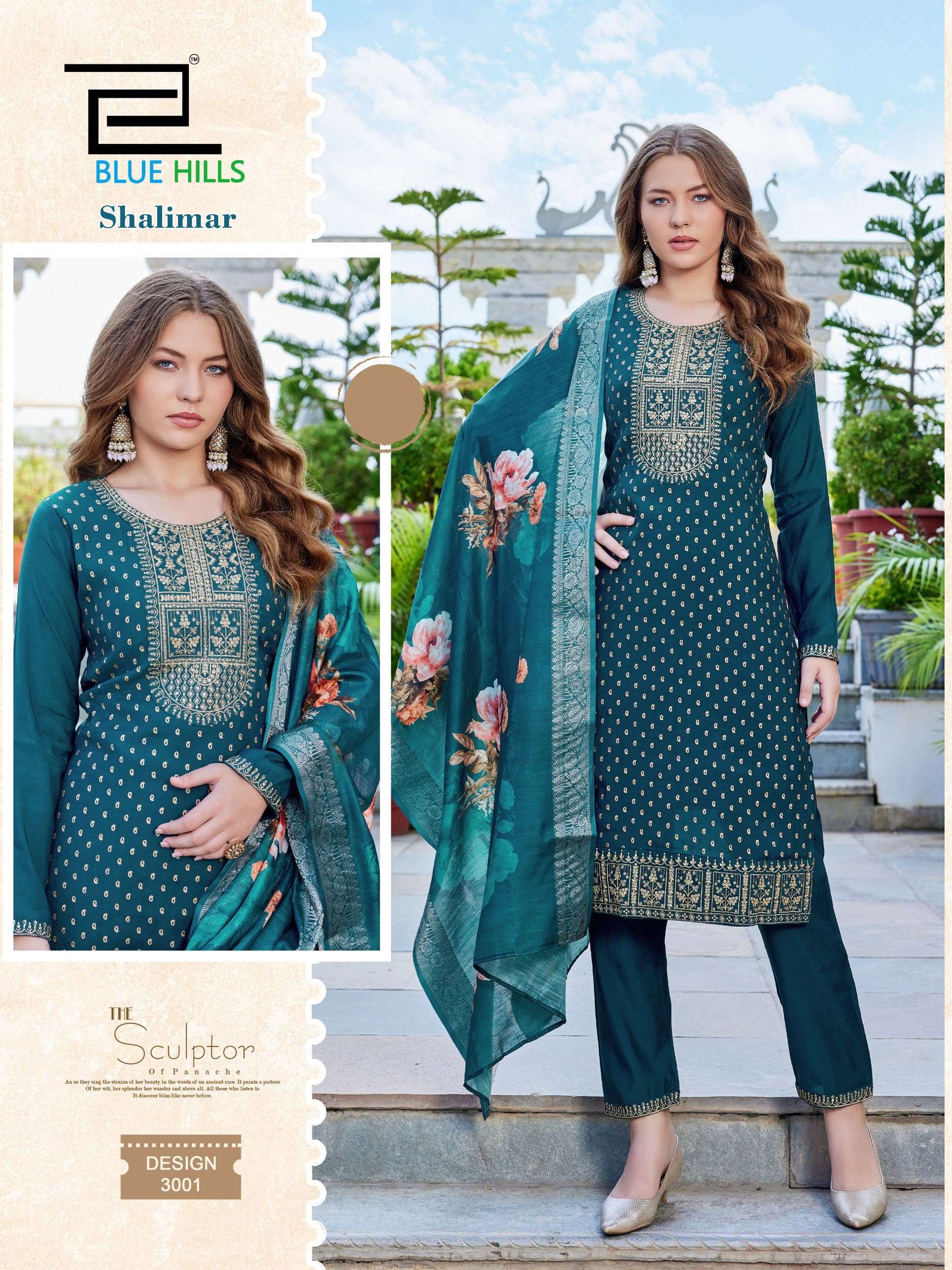 BLUE HILLS SHALIMAR CHANDERI SILK FANCY EMBROIDERIES WORK LADIES 3PCS SET COLLECTION 