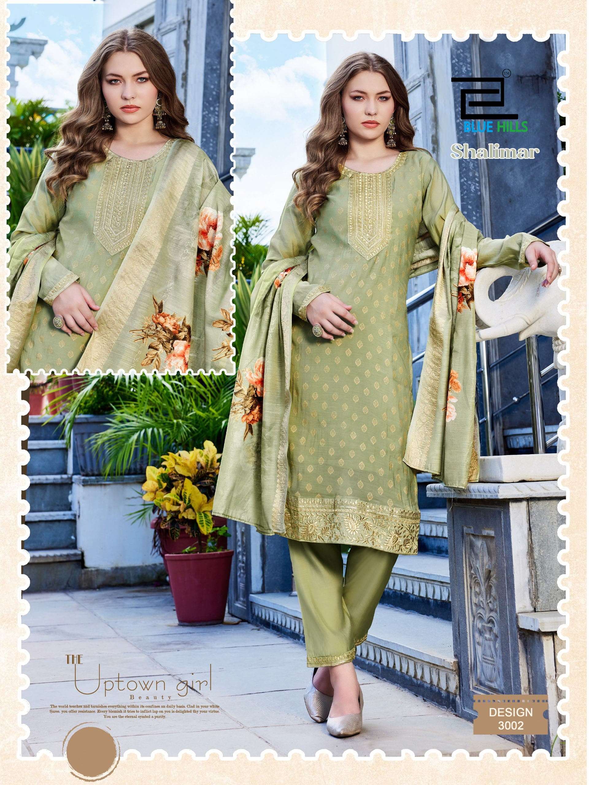 BLUE HILLS SHALIMAR CHANDERI SILK FANCY EMBROIDERIES WORK LADIES 3PCS SET COLLECTION 