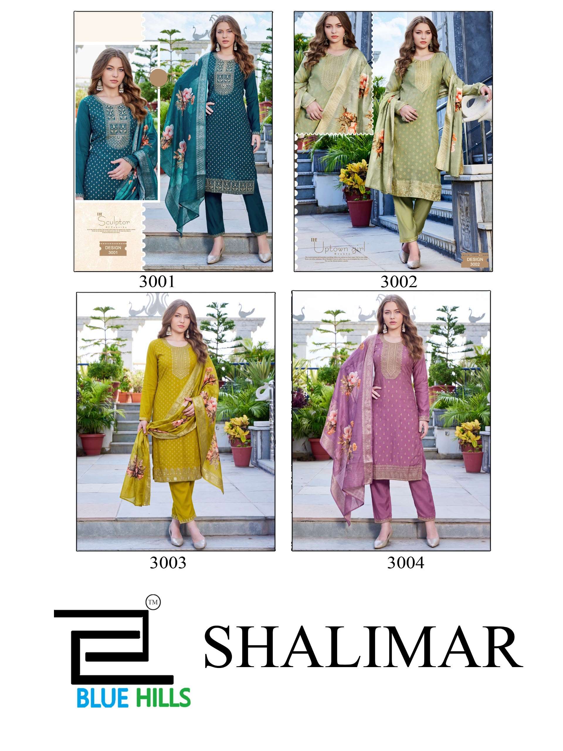 BLUE HILLS SHALIMAR CHANDERI SILK FANCY EMBROIDERIES WORK LADIES 3PCS SET COLLECTION 
