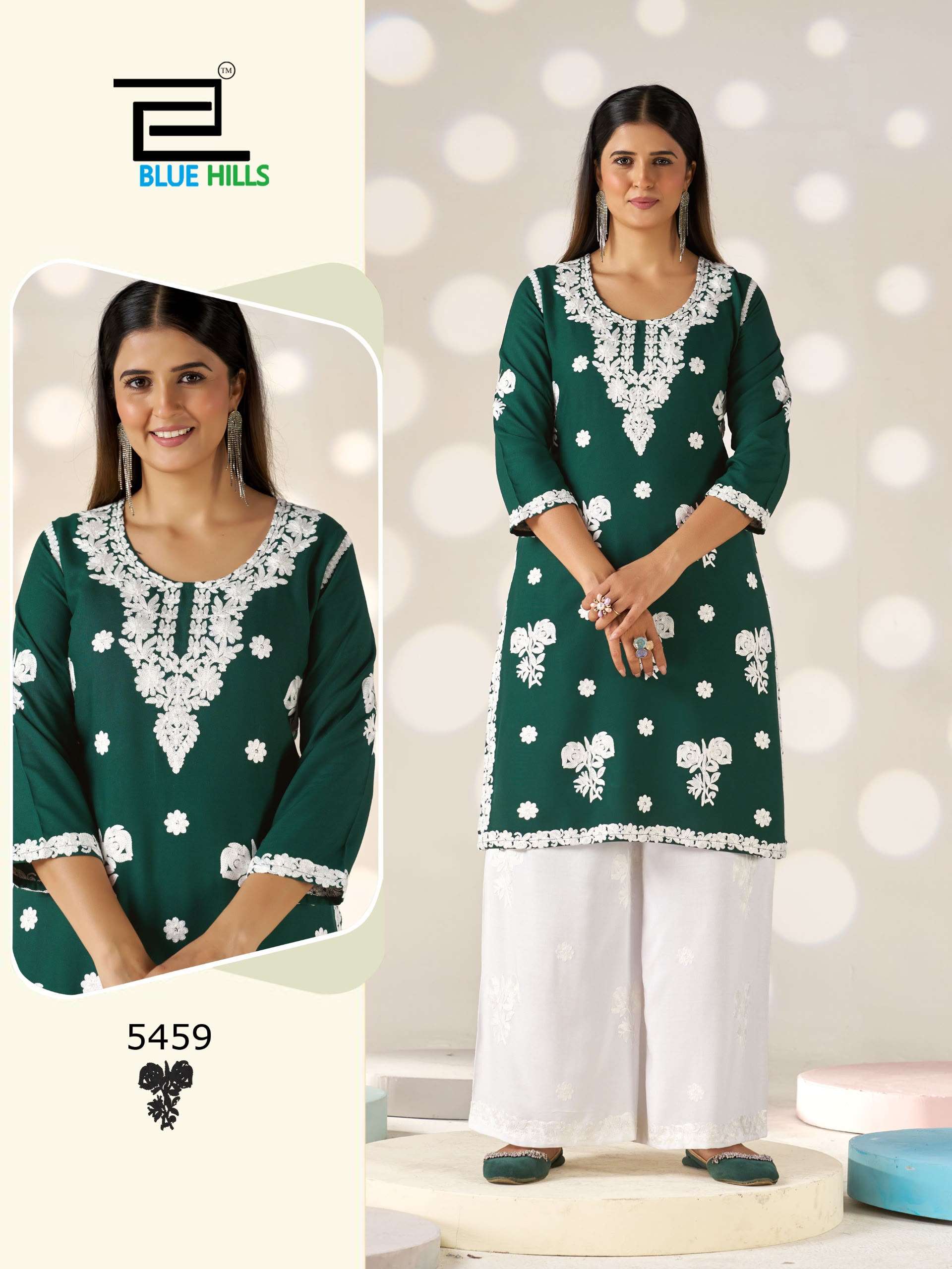 BLUE HILLS VICTORIA VOL 35 RAYON FANCY WORKS LADIES KURTI WITH PLAZOO PAIR 