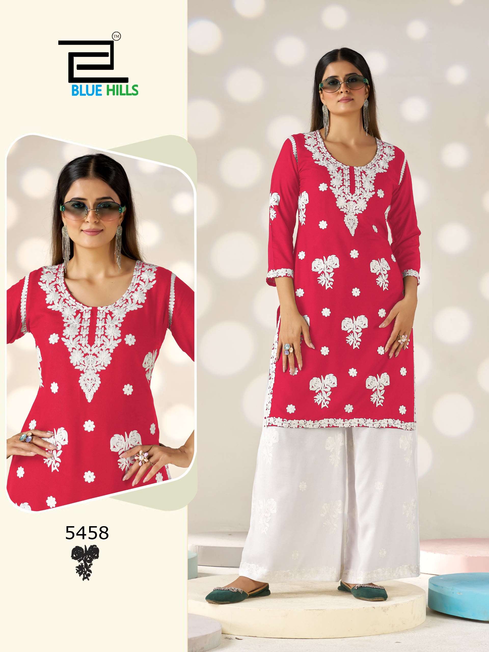 BLUE HILLS VICTORIA VOL 35 RAYON FANCY WORKS LADIES KURTI WITH PLAZOO PAIR 