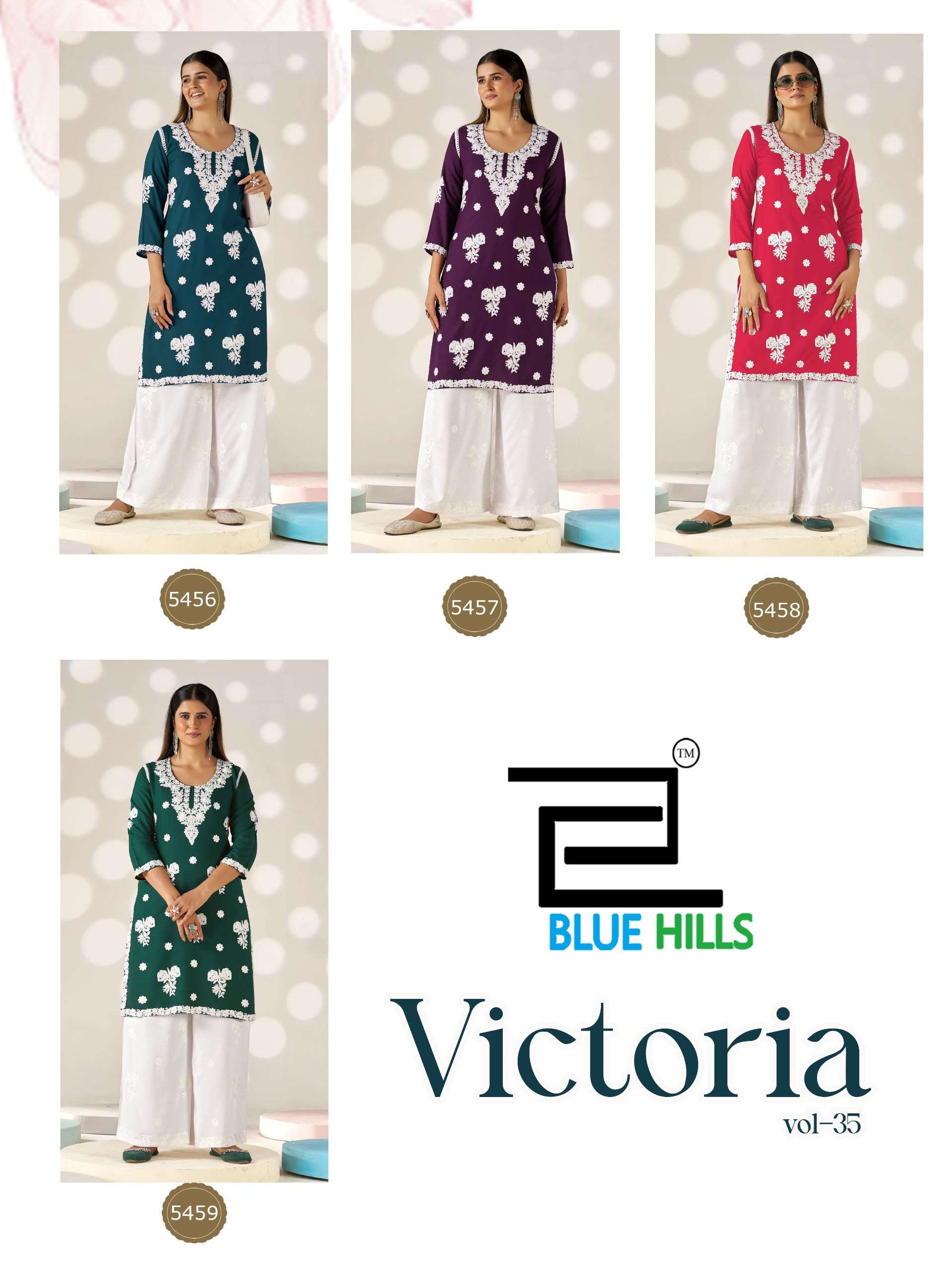 BLUE HILLS VICTORIA VOL 35 RAYON FANCY WORKS LADIES KURTI WITH PLAZOO PAIR 