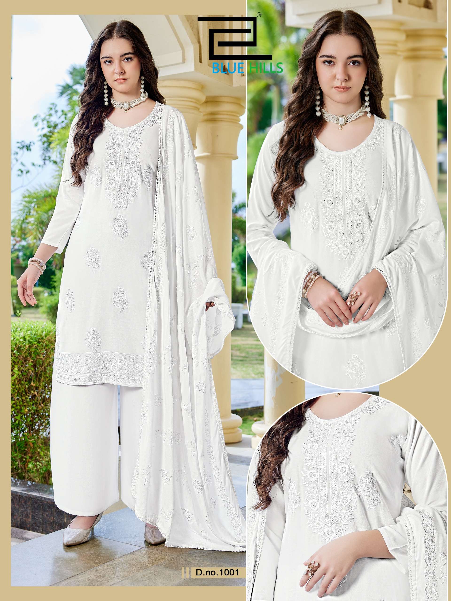 BLUE HILLS WHITE LILY RAYON FANCY WORKS LADIES KURTI PLAZZO AND DUPATTA SET 